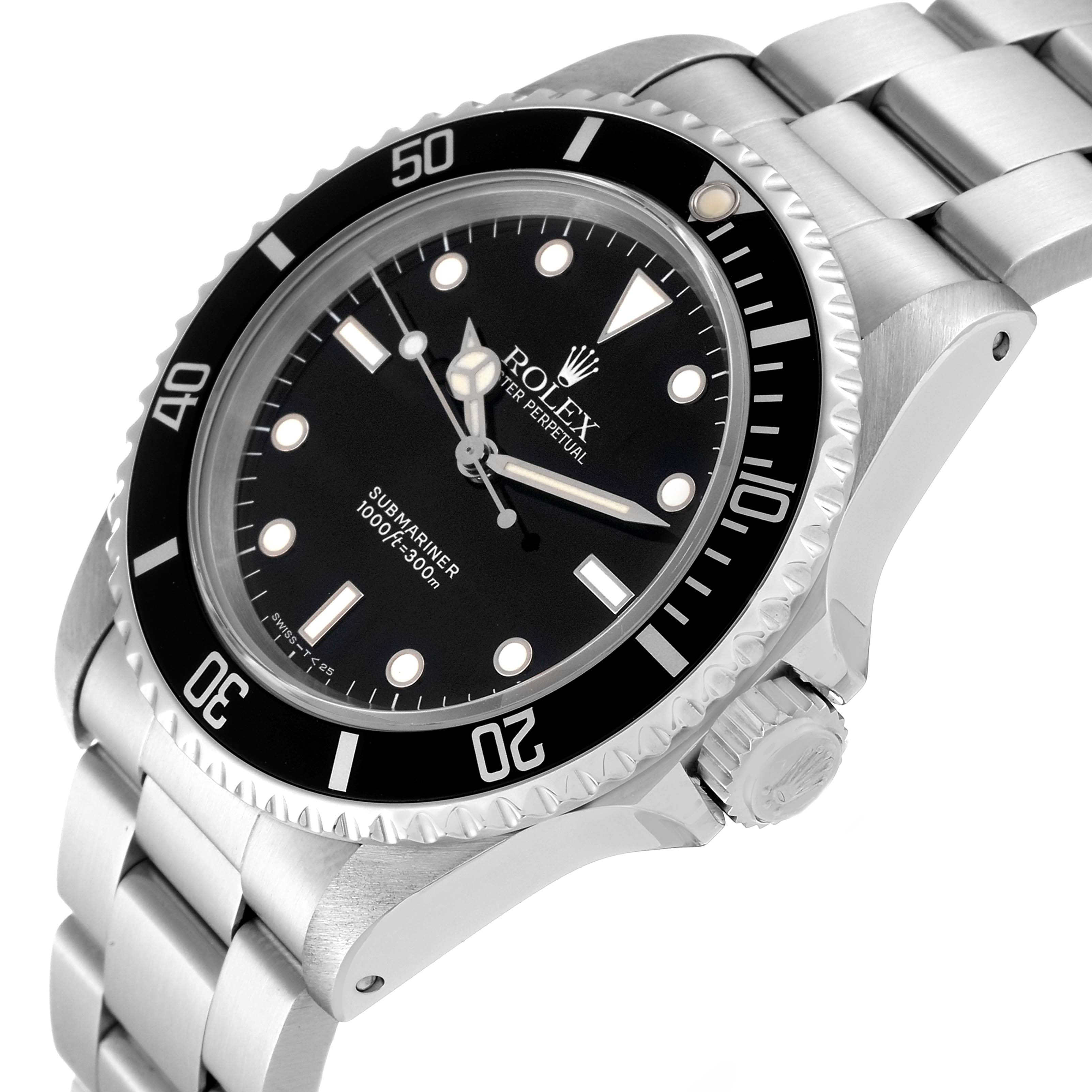 The image shows a Rolex Submariner 14060 Men
s Stainless Steel Black Dial 14060 Men
s Stainless Steel Black Dial watch at an angle, highlighting the dial, bezel, crown, and bracelet.