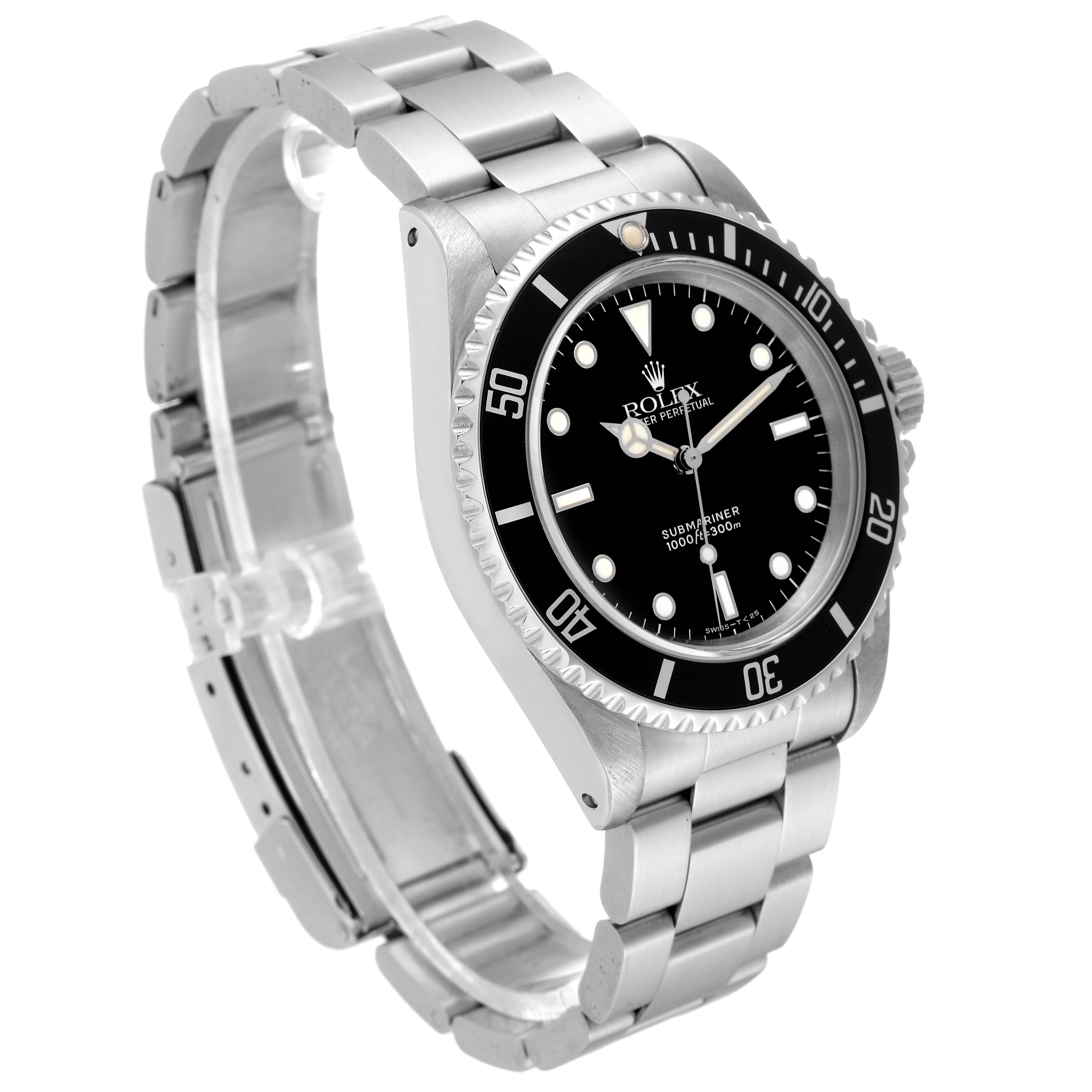 This image shows a Rolex Submariner 14060 Men
s Stainless Steel Black Dial 14060 Men
s Stainless Steel Black Dial watch from an angled side view, highlighting the face, bezel, and metal bracelet.