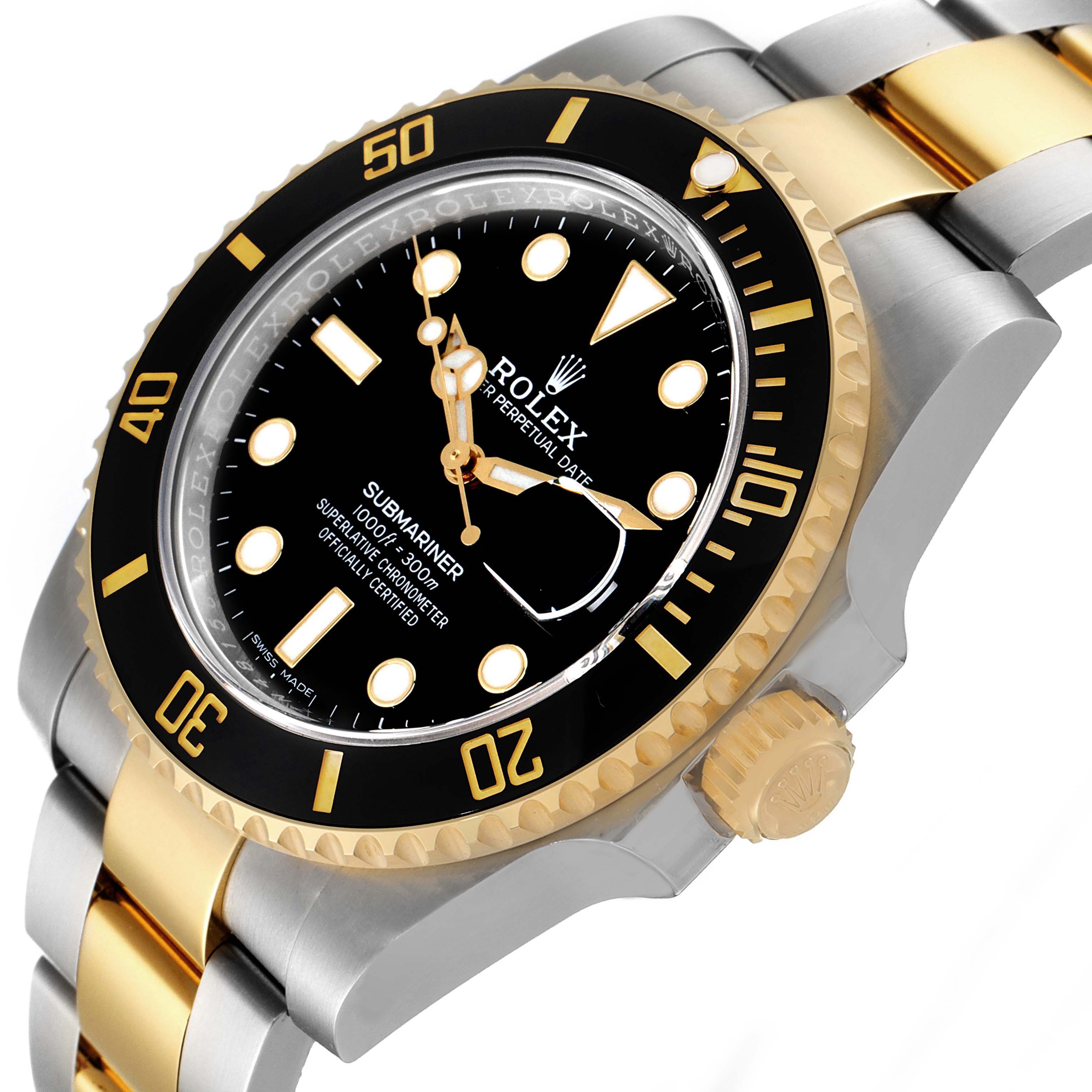 This image shows a close-up angled view of the Rolex Submariner 116613 Men's Steel and Gold (two tone) Black Dial 116613 Men's Steel and Gold (two tone) Black Dial watch, highlighting the black dial, bezel, and two-tone bracelet.