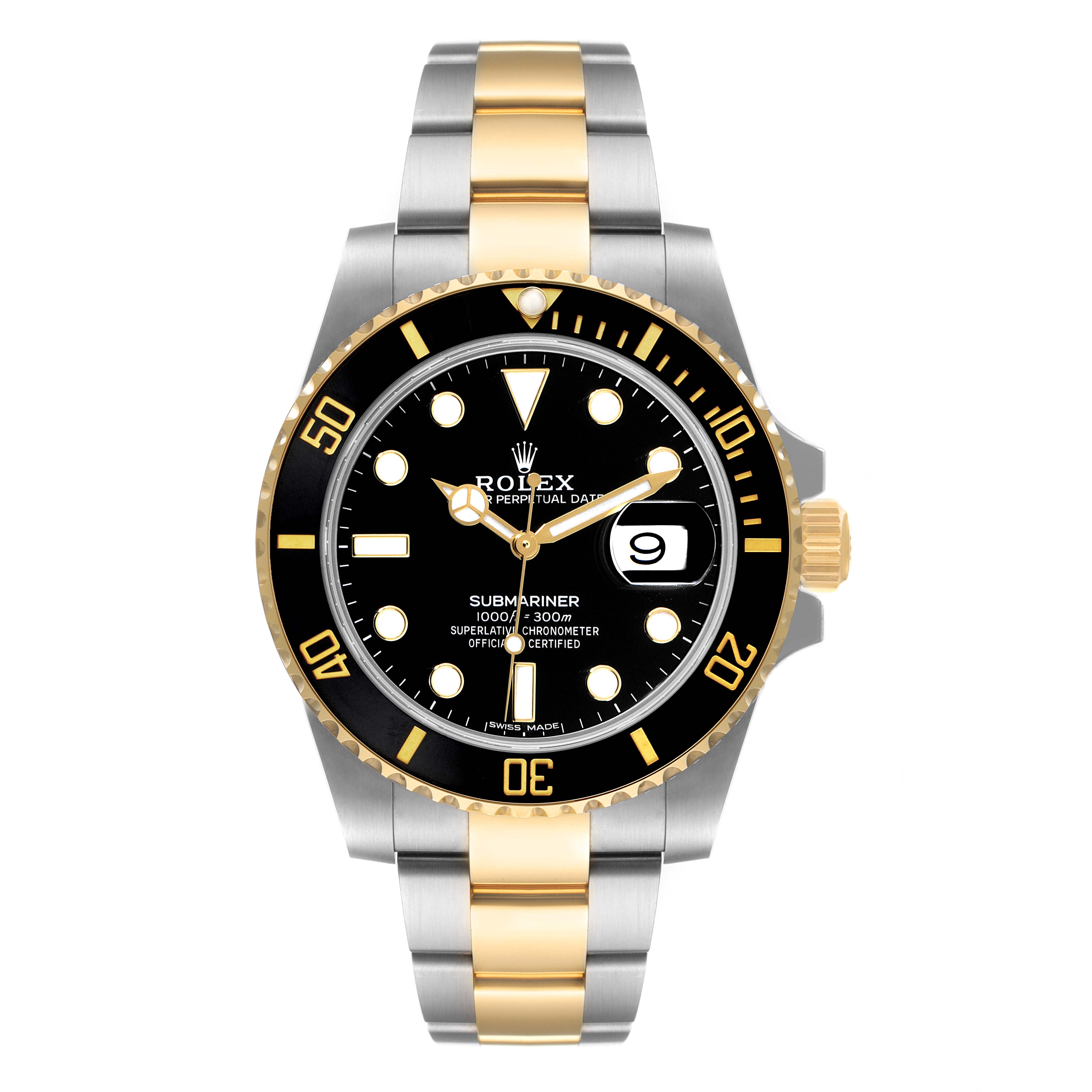 This image shows a frontal view of the Rolex Submariner 116613 Men's Steel and Gold (two tone) Black Dial 116613 Men's Steel and Gold (two tone) Black Dial, highlighting its dial, bezel, crown, and two-tone bracelet.