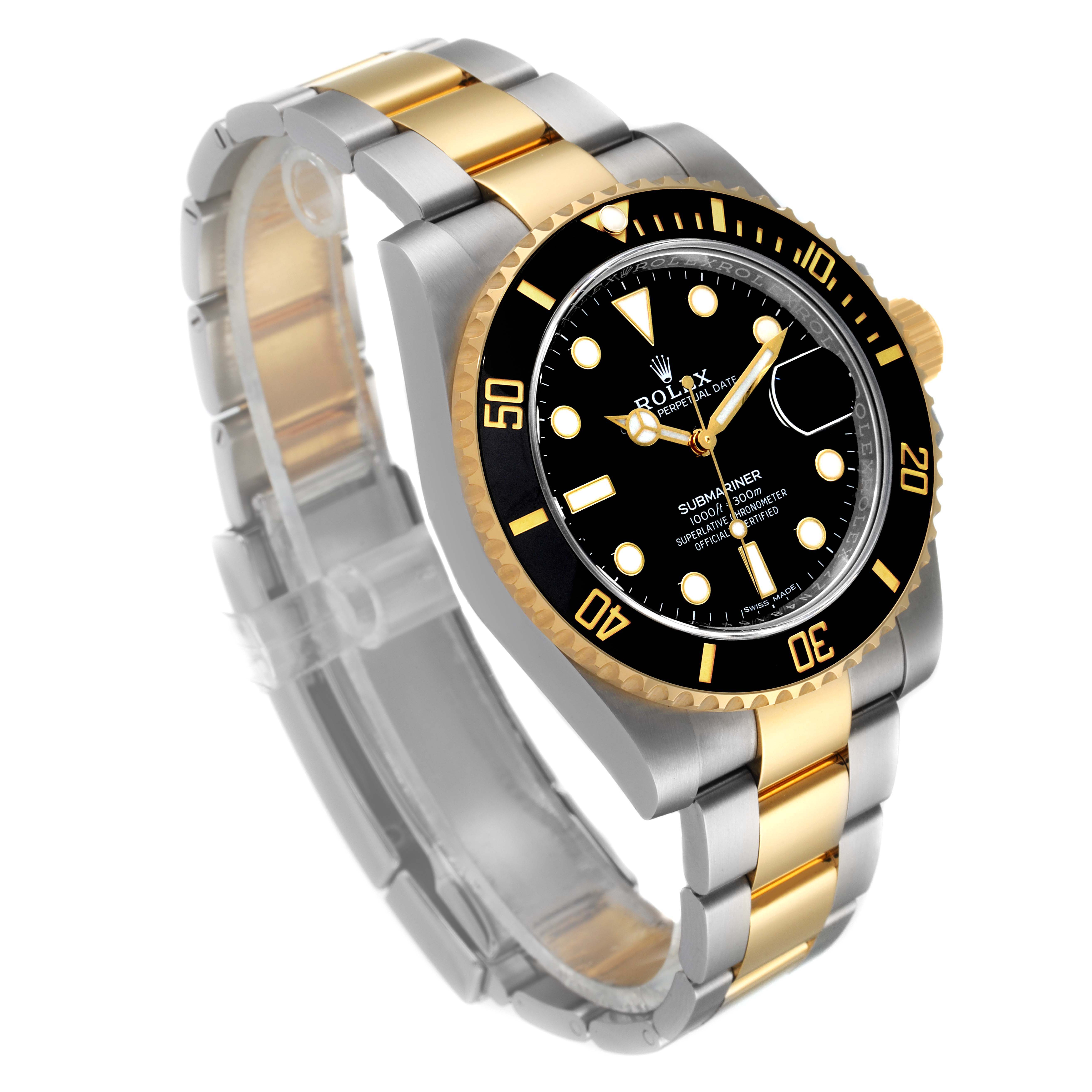 The image shows a Rolex Submariner 116613 Men's Steel and Gold (two tone) Black Dial 116613 Men's Steel and Gold (two tone) Black Dial watch at a three-quarter angle, highlighting the black dial, bezel, and two-tone metal bracelet.