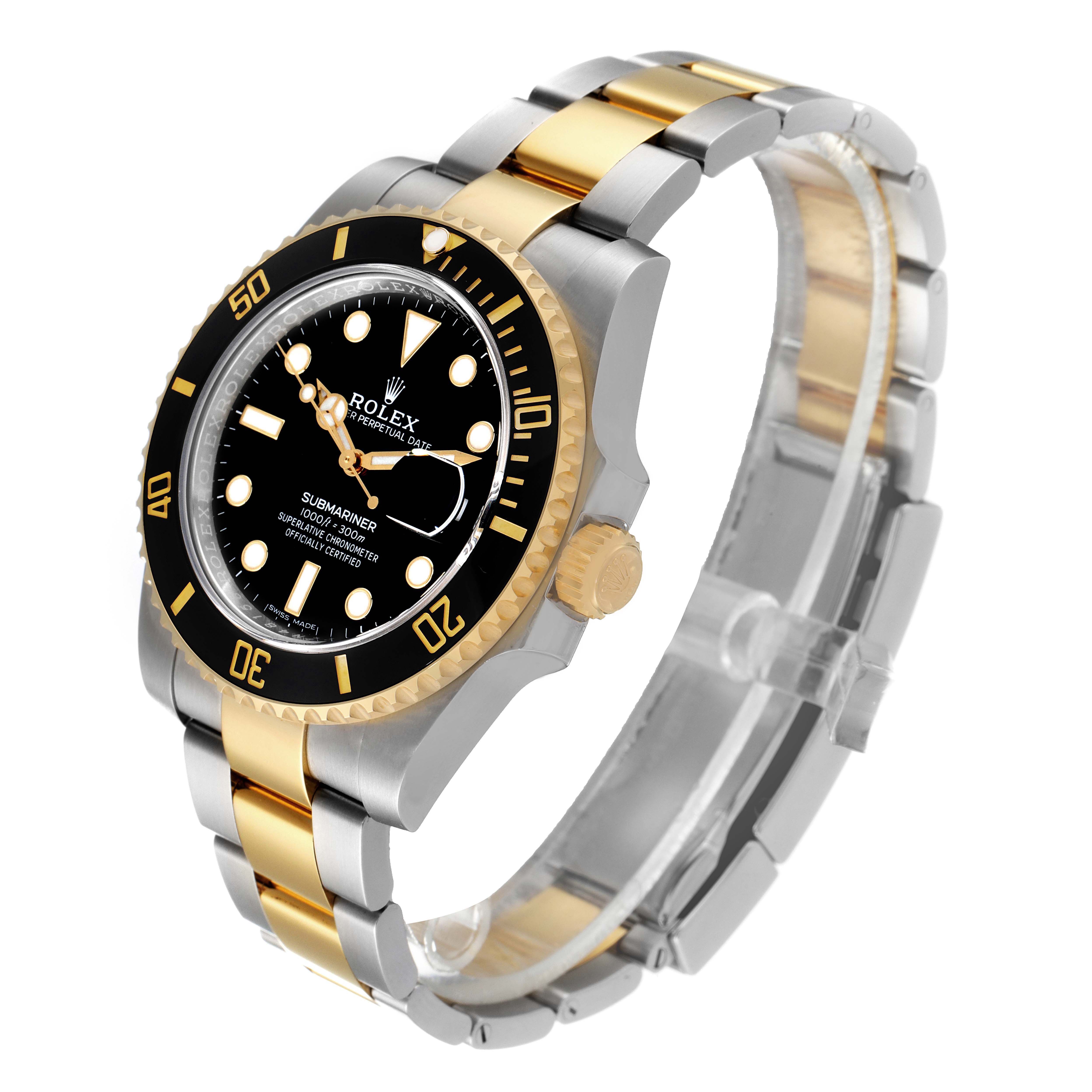 The image shows a Rolex Submariner 116613 Men's Steel and Gold (two tone) Black Dial 116613 Men's Steel and Gold (two tone) Black Dial watch angled from the front-left, highlighting its black dial, bezel, and two-tone bracelet.