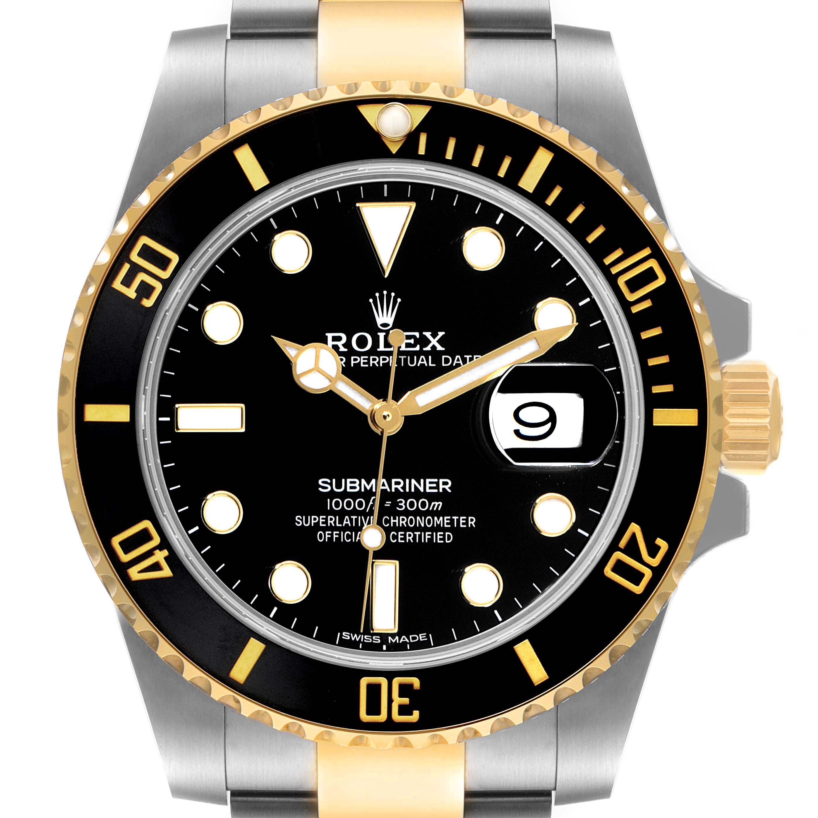 The image shows a front view of the Rolex Submariner 116613 Men's Steel and Gold (two tone) Black Dial 116613 Men's Steel and Gold (two tone) Black Dial watch, highlighting the black dial, date display, and gold and stainless steel bracelet.