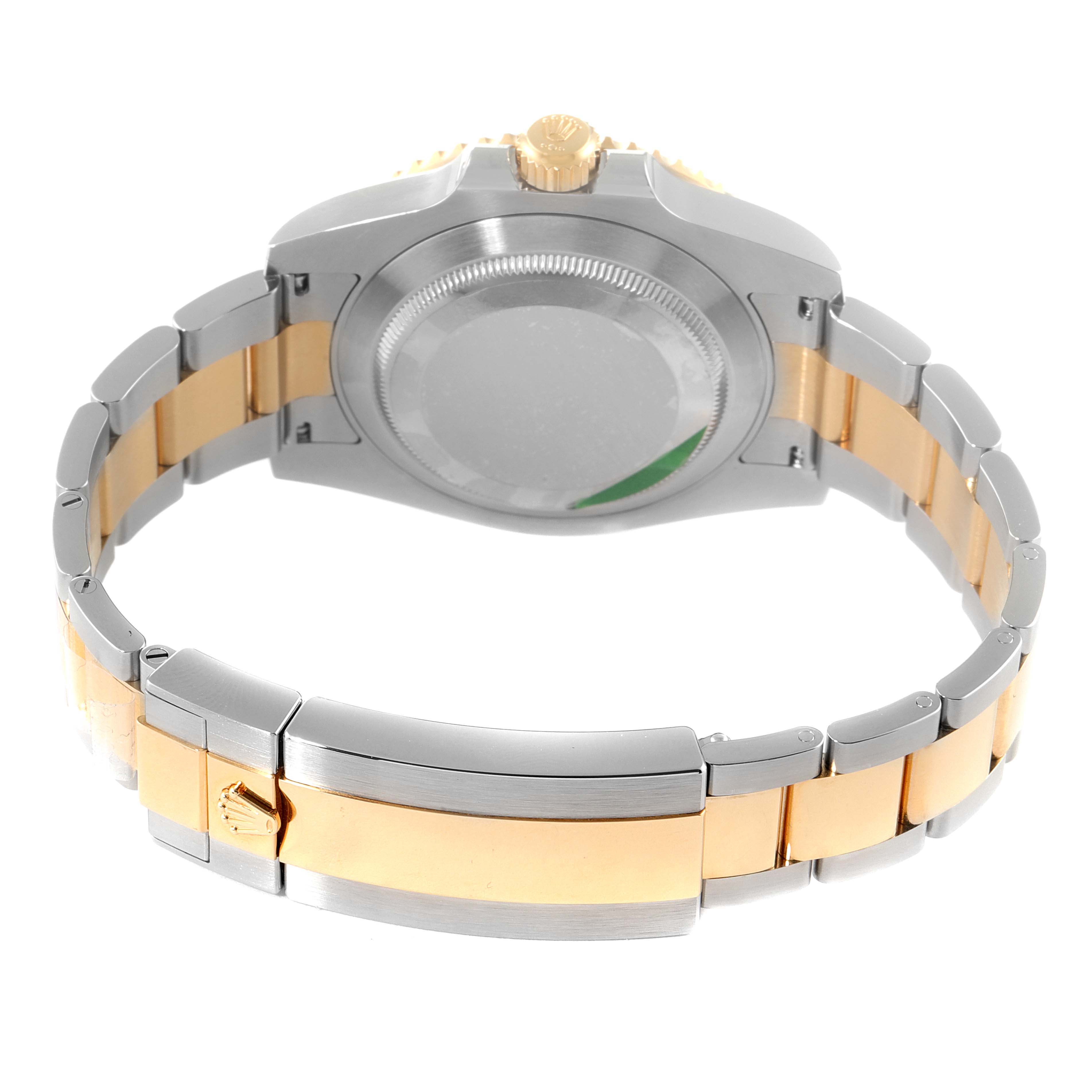 This image shows the back view of a Rolex Submariner 116613 Men's Steel and Gold (two tone) Black Dial 116613 Men's Steel and Gold (two tone) Black Dial watch, highlighting the case back and two-tone bracelet.