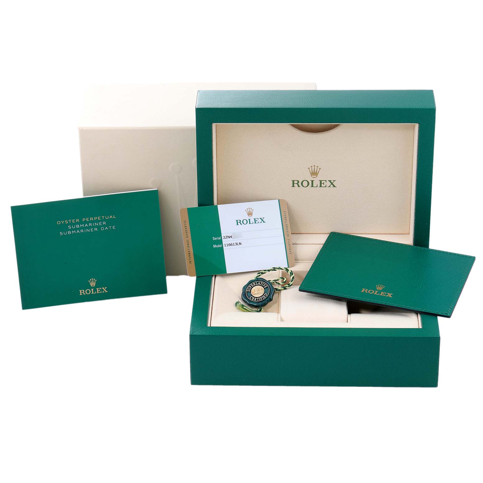 The image displays a Rolex Submariner 116613 Men's Steel and Gold (two tone) Black Dial 116613 Men's Steel and Gold (two tone) Black Dial watch set, including the box, warranty card, tag, and manuals from an angle showing the open box with its contents.