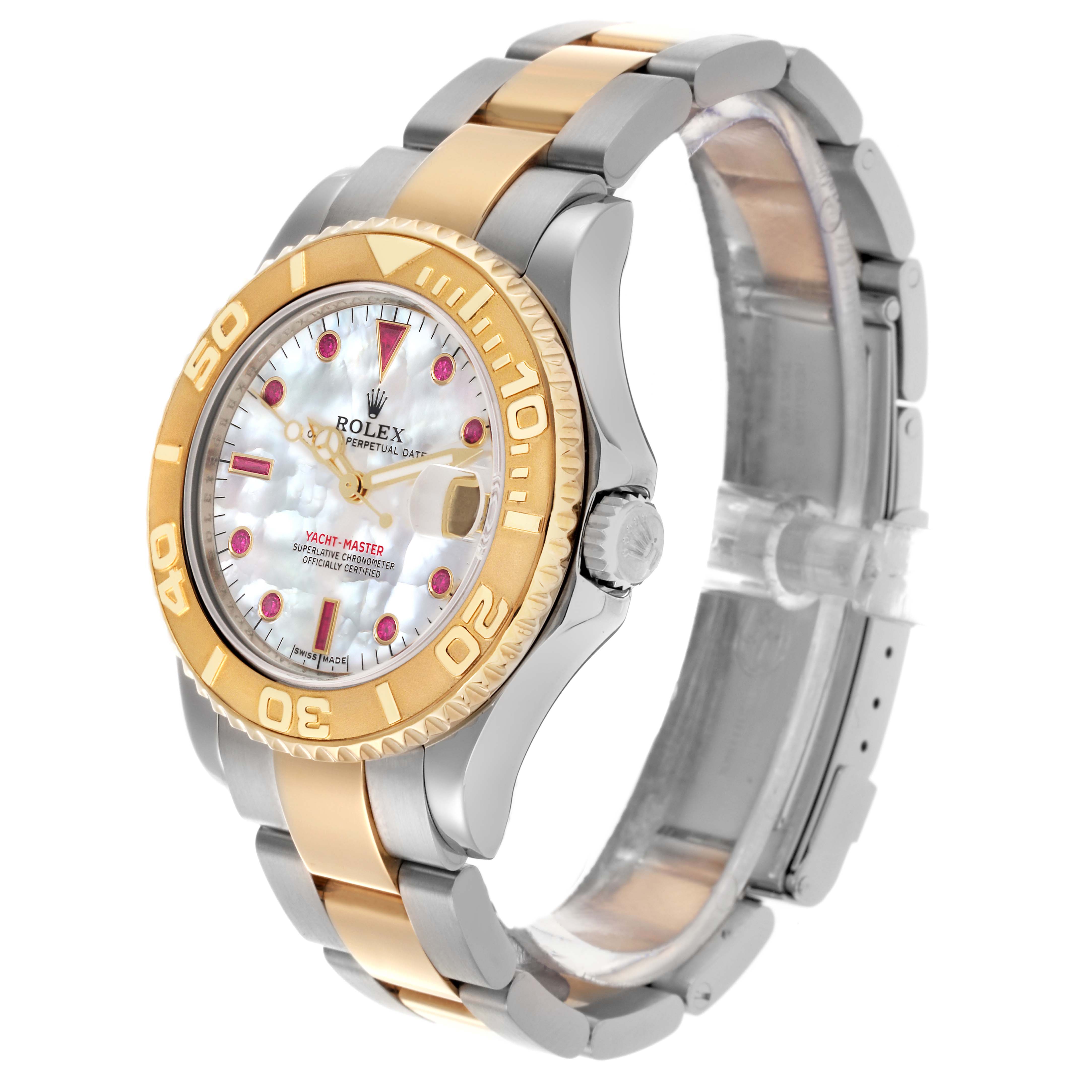 The Rolex Yacht-Master 168623 Men's Steel and Gold (two tone) Mother of Pearl Dial 168623 Men's Steel and Gold (two tone) Mother of Pearl Dial watch is shown at a three-quarter angle, displaying the face, bezel, case, and part of the bracelet.