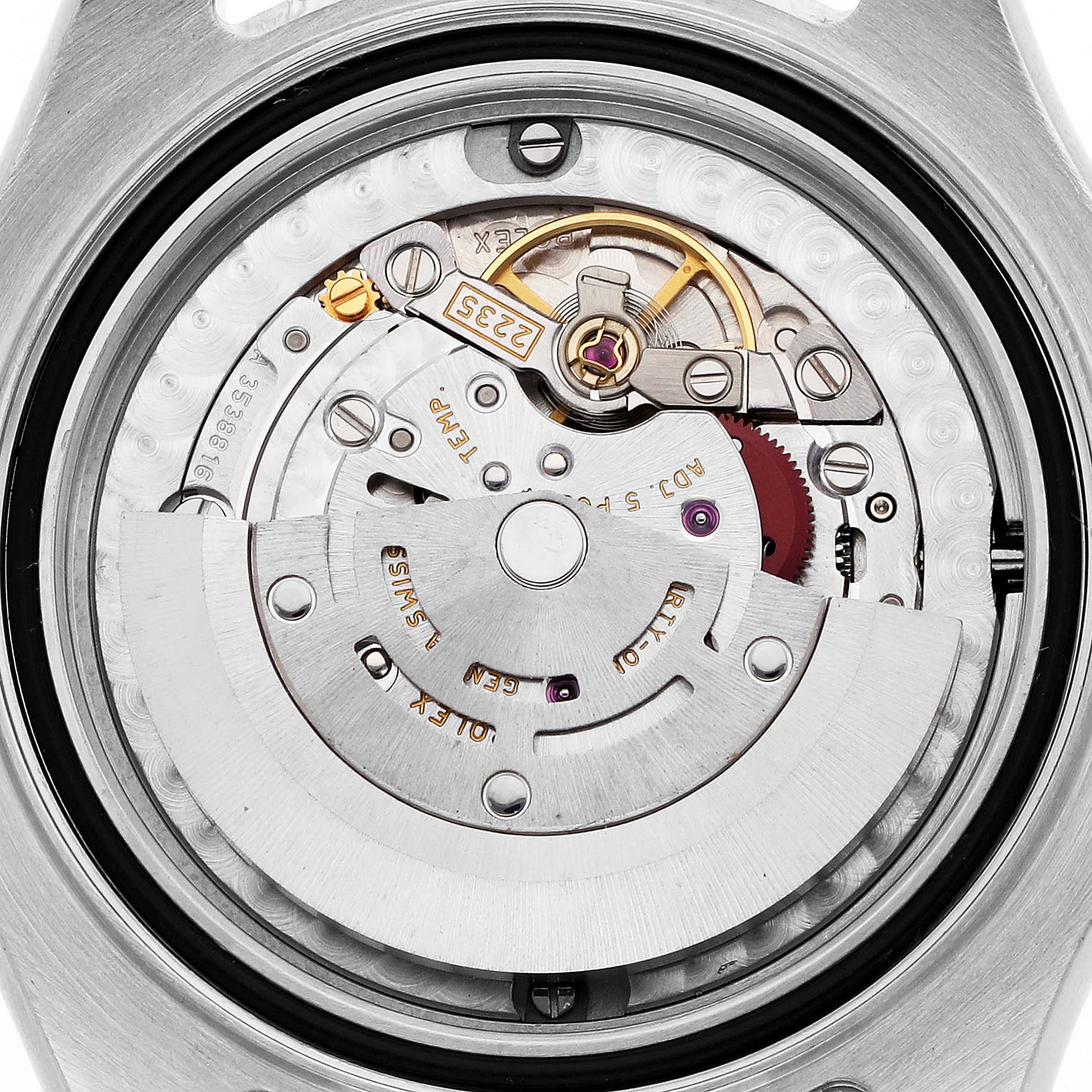 The Rolex Yacht-Master 168623 Men's Steel and Gold (two tone) Mother of Pearl Dial 168623 Men's Steel and Gold (two tone) Mother of Pearl Dial watch is shown from the back, highlighting its intricate movement and internal components.