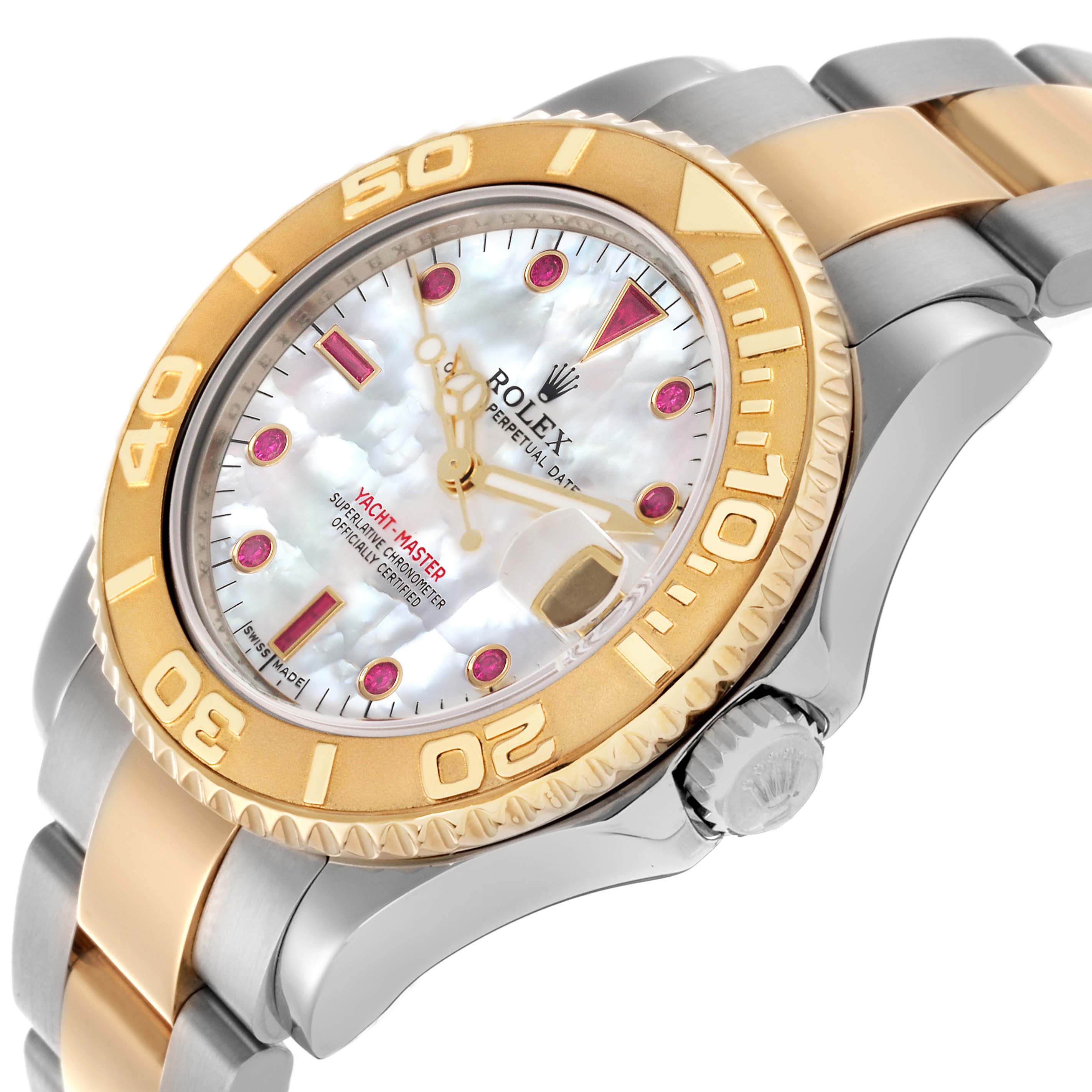 The Rolex Yacht-Master 168623 Men's Steel and Gold (two tone) Mother of Pearl Dial 168623 Men's Steel and Gold (two tone) Mother of Pearl Dial is shown at an angled view, displaying its bezel, face, and part of the bracelet.