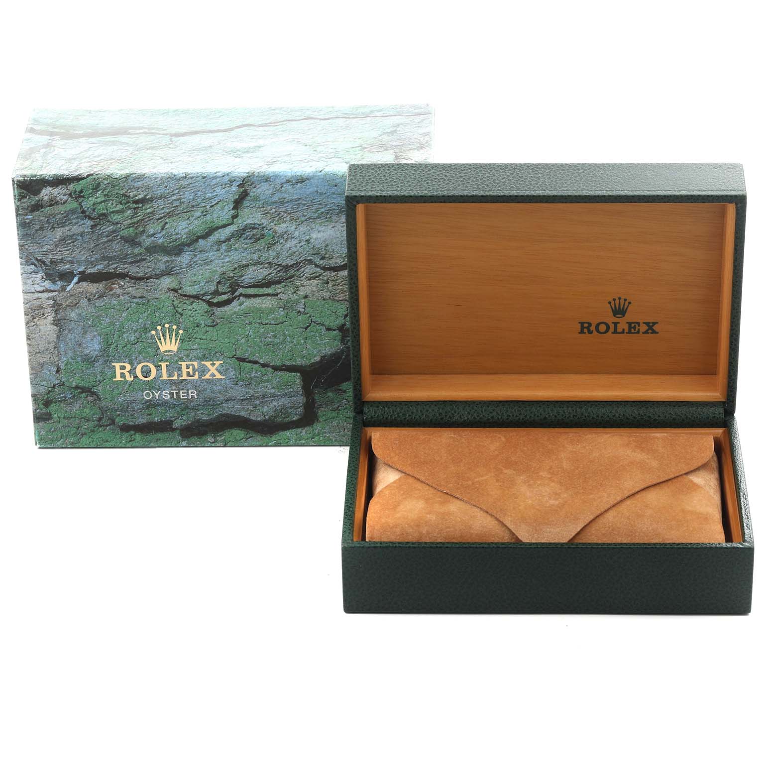 The image shows a Rolex Yacht-Master 168623 Men's Steel and Gold (two tone) Mother of Pearl Dial 168623 Men's Steel and Gold (two tone) Mother of Pearl Dial box from the front, including the outer box and a leather pouch inside the inner box.