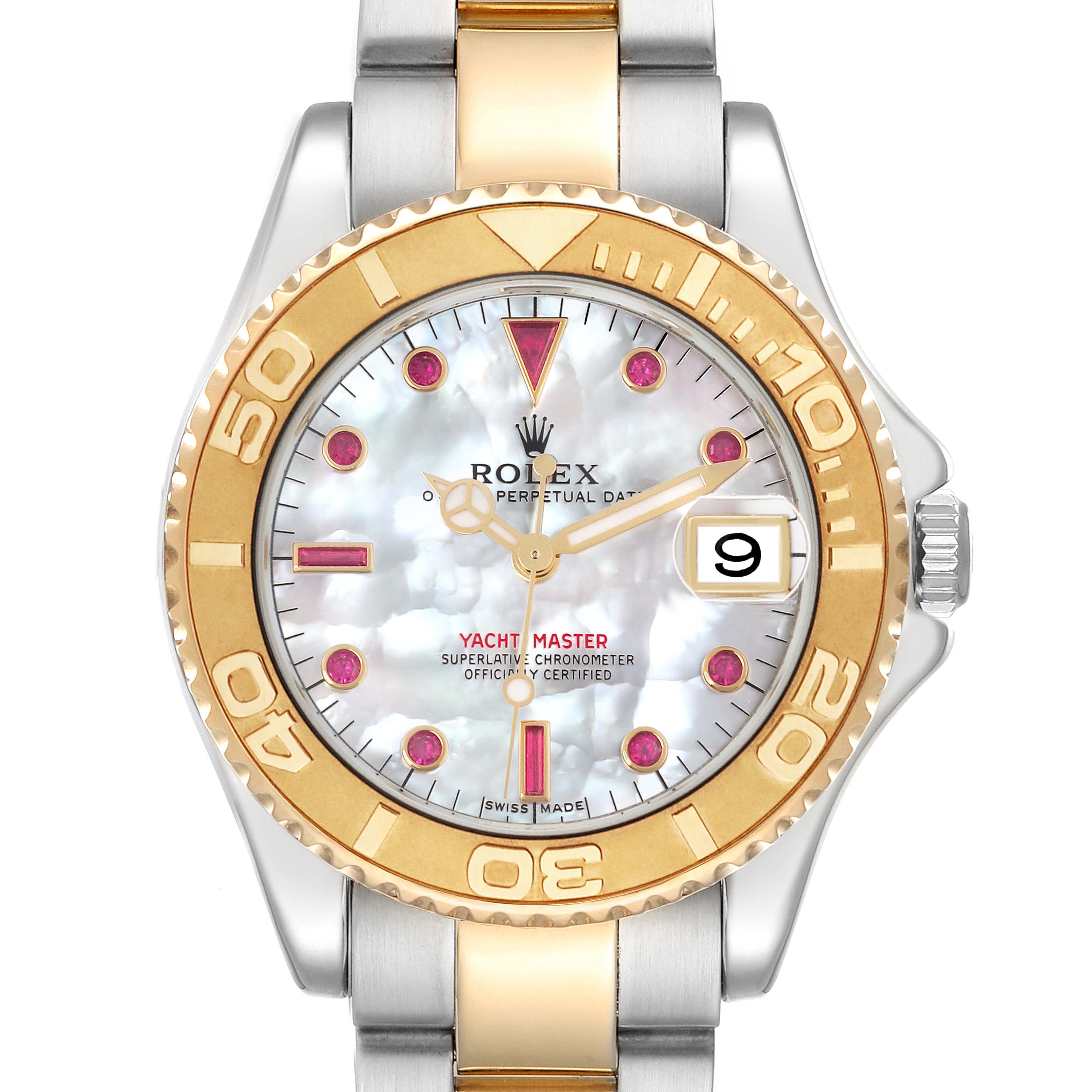 The Rolex Yacht-Master 168623 Men's Steel and Gold (two tone) Mother of Pearl Dial 168623 Men's Steel and Gold (two tone) Mother of Pearl Dial watch is shown from the front, displaying its dial, bezel, and part of the bracelet.