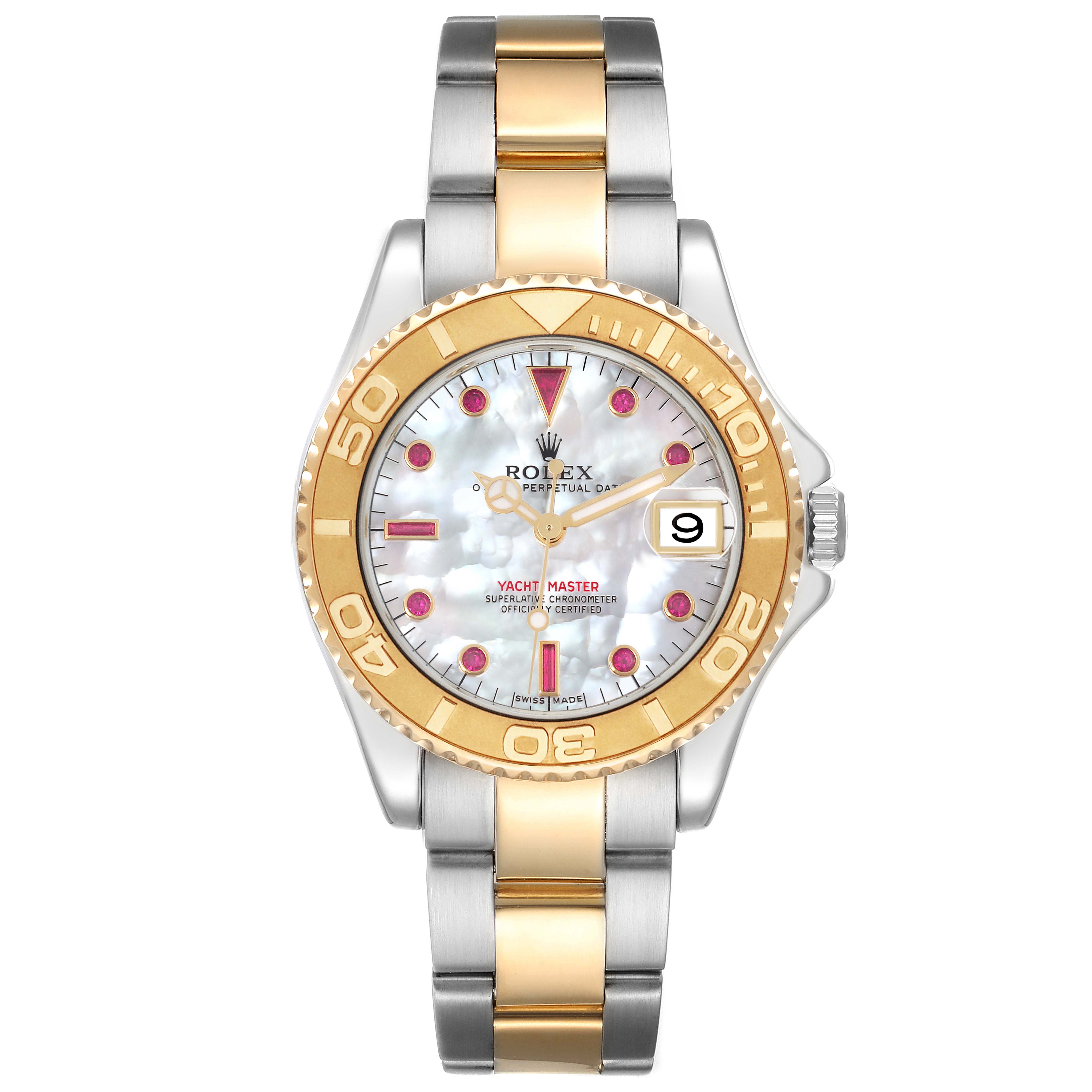 The Rolex Yacht-Master 168623 Men's Steel and Gold (two tone) Mother of Pearl Dial 168623 Men's Steel and Gold (two tone) Mother of Pearl Dial watch is shown from a straight-on angle, highlighting its dial, bezel, and bracelet.