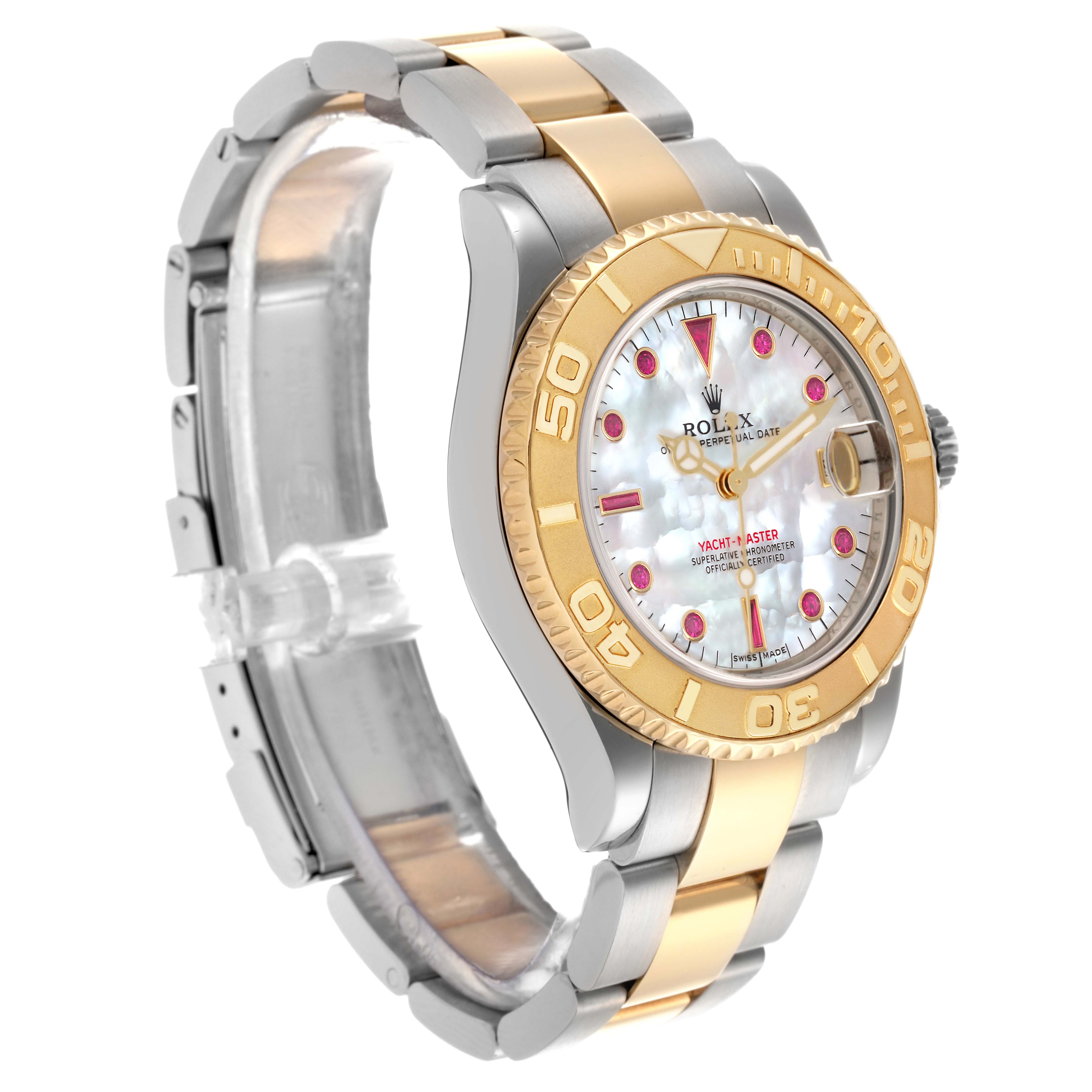 The Rolex Yacht-Master 168623 Men's Steel and Gold (two tone) Mother of Pearl Dial 168623 Men's Steel and Gold (two tone) Mother of Pearl Dial watch is shown at a three-quarter angle, highlighting the bezel, dial, and bracelet.
