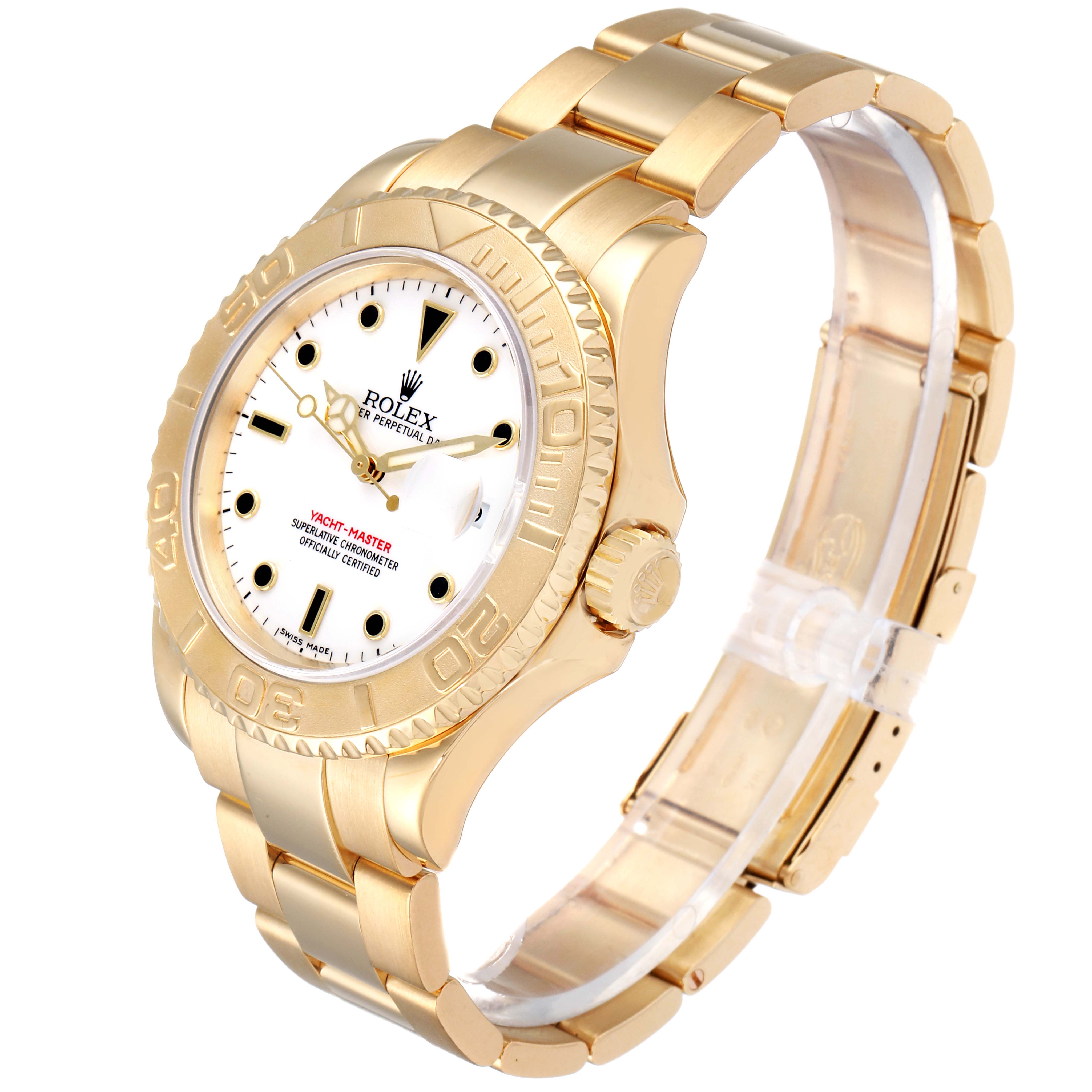 This image shows a three-quarter view of a Rolex Yacht-Master 16628 Men's Yellow Gold White Dial 16628 Men's Yellow Gold White Dial watch, featuring the face, bezel, and part of the bracelet.