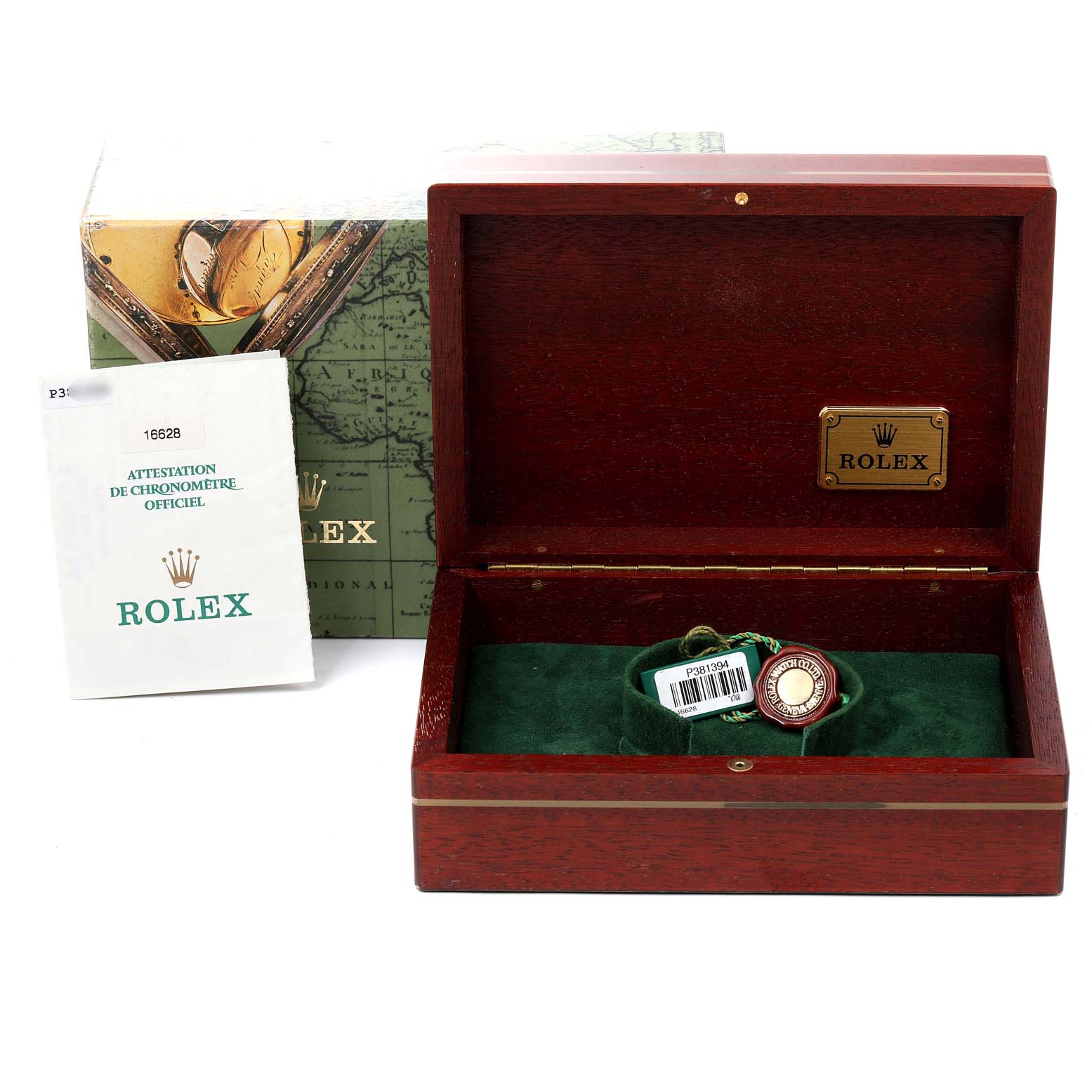 The image shows a Rolex Yacht-Master 16628 Men's Yellow Gold White Dial 16628 Men's Yellow Gold White Dial watch inside an open wooden box, with a certificate and packaging in the background.