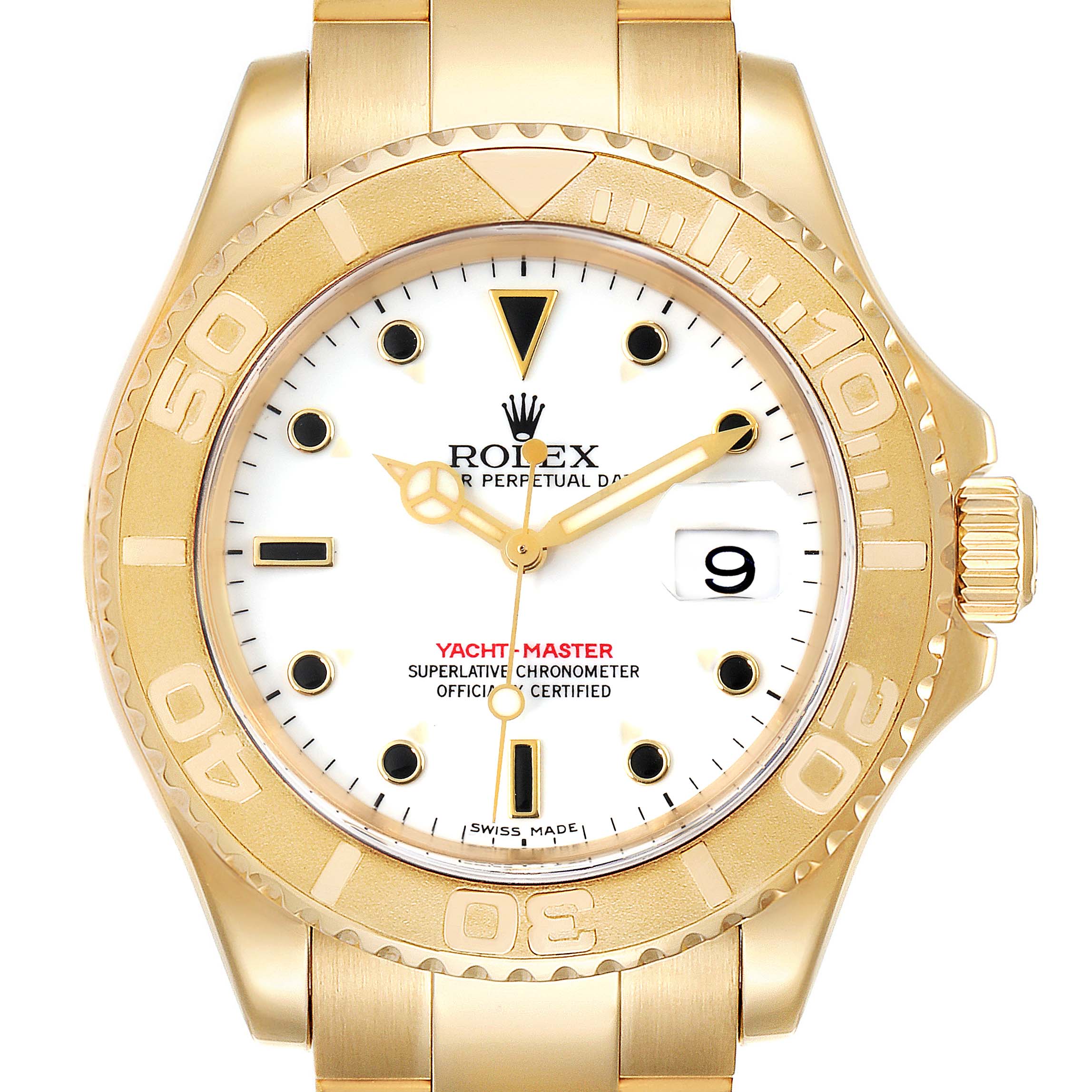 This photo shows a frontal view of a Rolex Yacht-Master 16628 Men's Yellow Gold White Dial 16628 Men's Yellow Gold White Dial watch, highlighting its bezel, dial, hands, and date window.