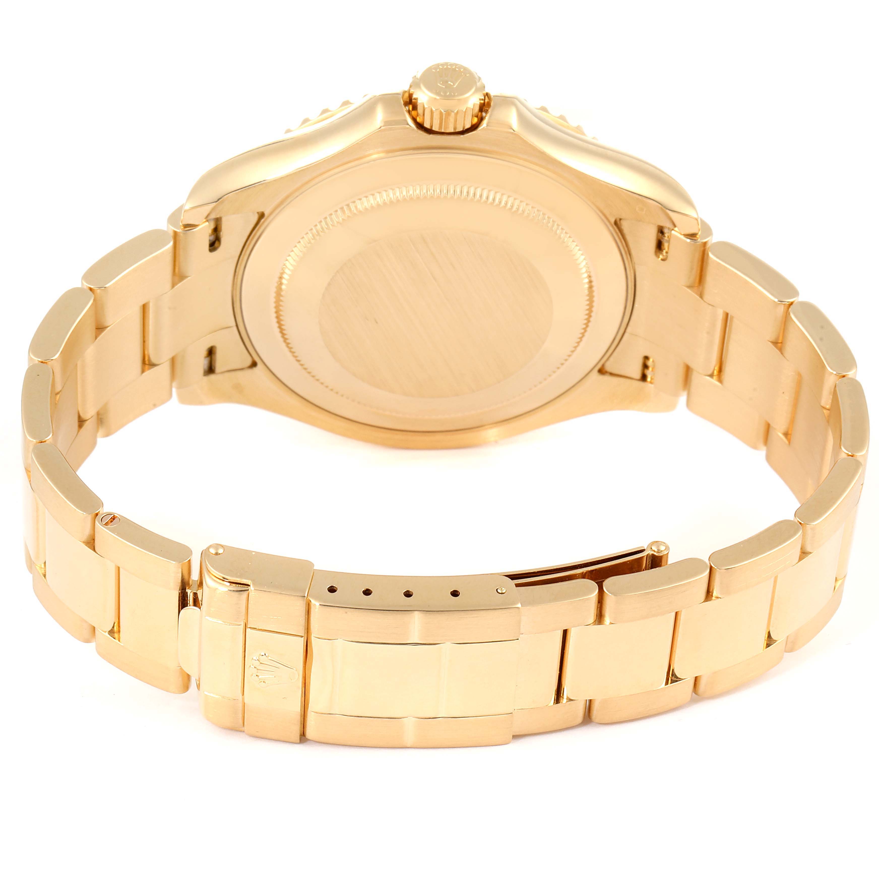 This image shows the back view of a Rolex Yacht-Master 16628 Men's Yellow Gold White Dial 16628 Men's Yellow Gold White Dial watch, focusing on the bracelet, clasp, and case back.