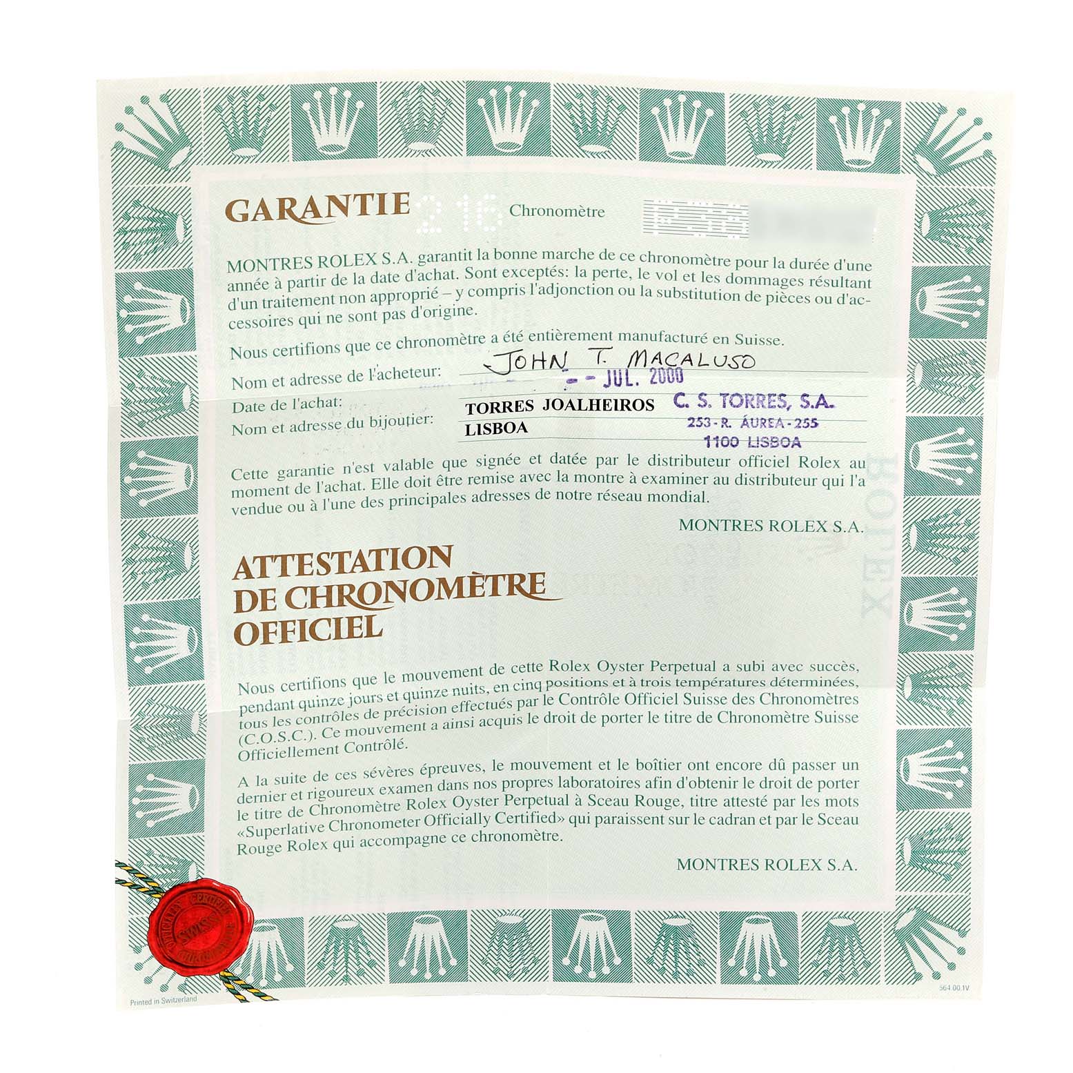 The image shows the official guarantee certificate for the Rolex Yacht-Master 16628 Men's Yellow Gold White Dial 16628 Men's Yellow Gold White Dial model watch.