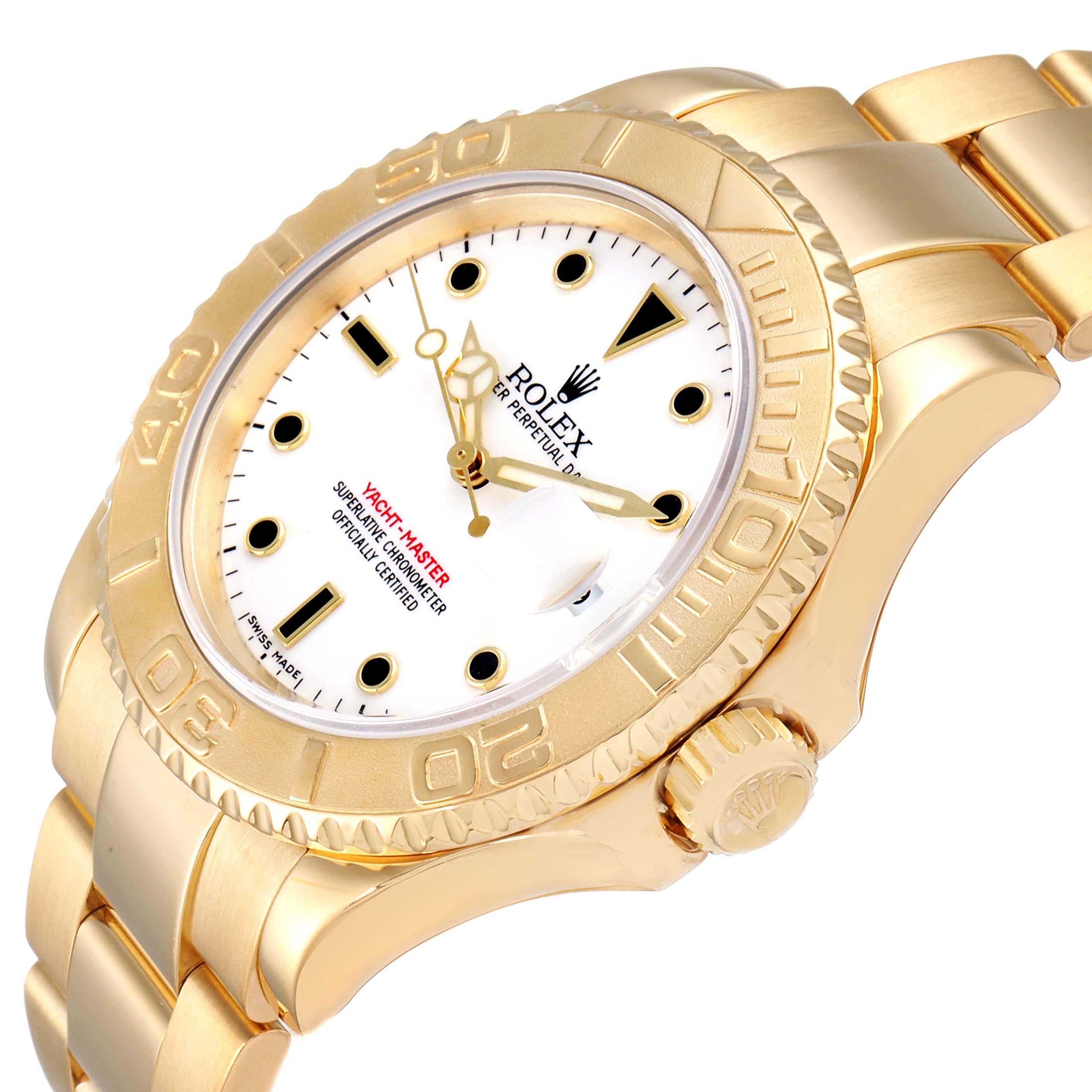 The image shows a close-up side angle of a gold Rolex Yacht-Master 16628 Men's Yellow Gold White Dial 16628 Men's Yellow Gold White Dial watch, displaying the dial, bezel, and part of the bracelet.