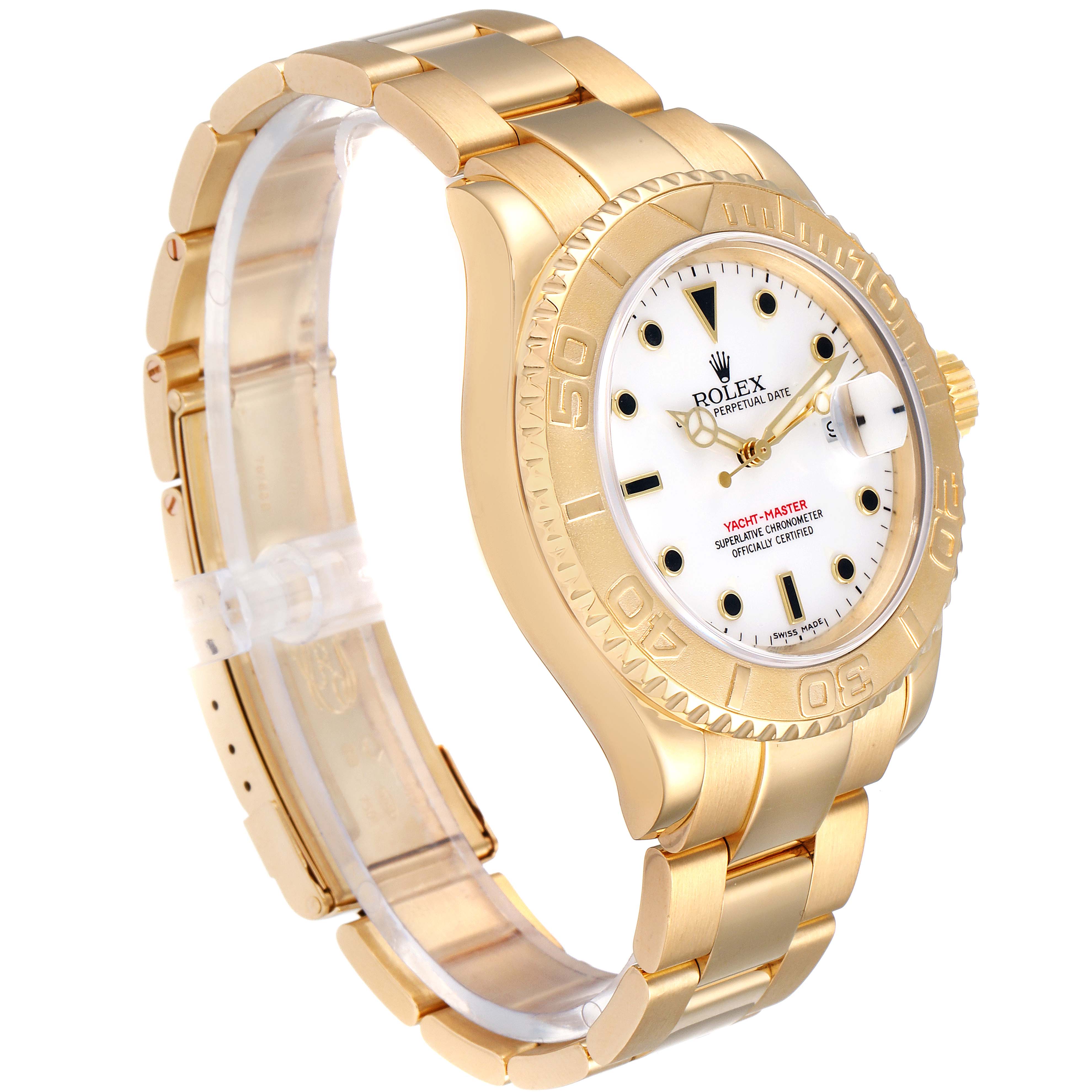 This image shows a side angle view of the Rolex Yacht-Master 16628 Men's Yellow Gold White Dial 16628 Men's Yellow Gold White Dial watch, highlighting the gold bracelet, bezel, and white dial.