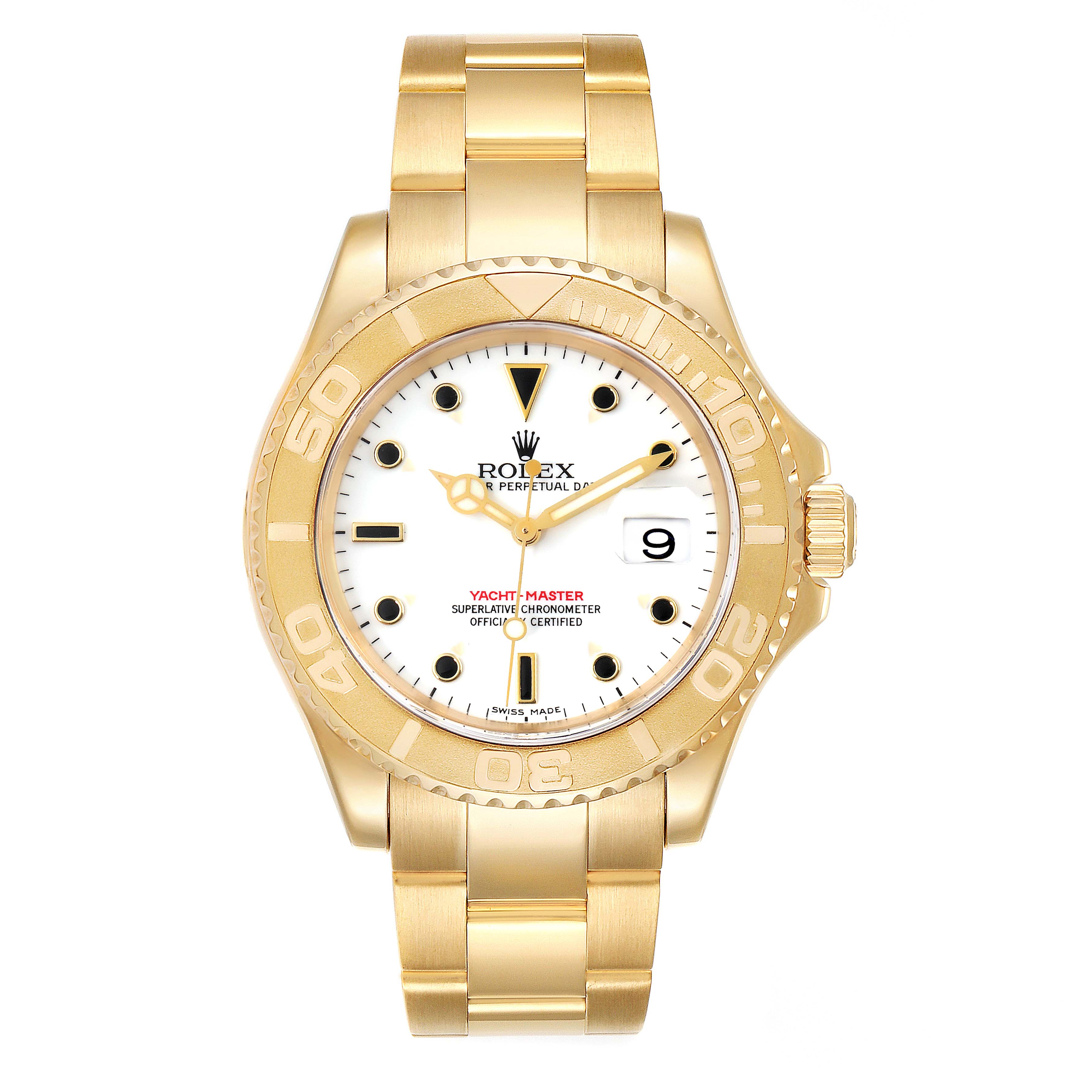 This image shows a front view of a Rolex Yacht-Master 16628 Men's Yellow Gold White Dial 16628 Men's Yellow Gold White Dial watch, highlighting its dial, bezel, and bracelet.