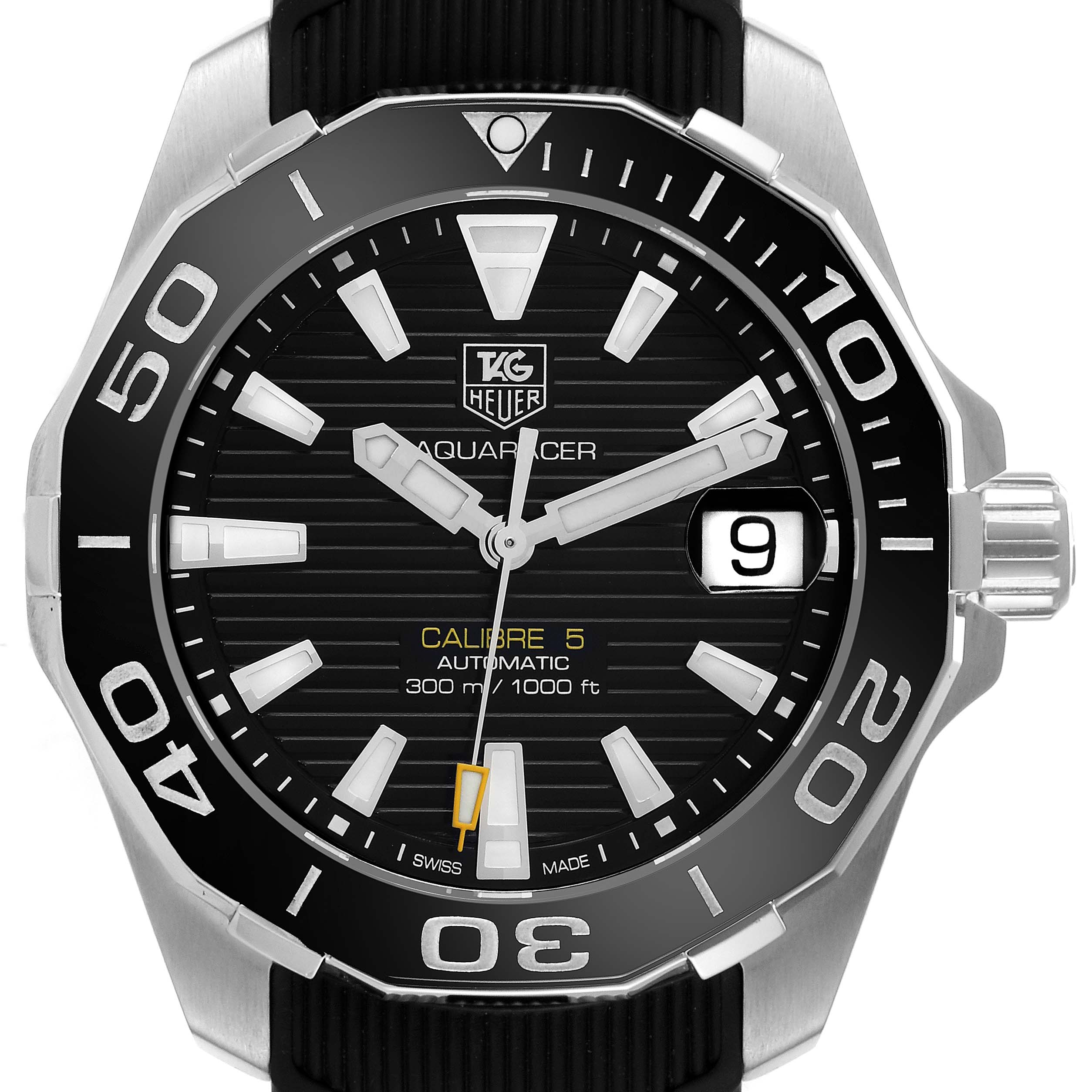 The image shows a front view of a Tag Heuer Aquaracer WAY211A Men's Stainless Steel Black Dial WAY211A Men's Stainless Steel Black Dial watch, highlighting the black dial, bezel, and date display.