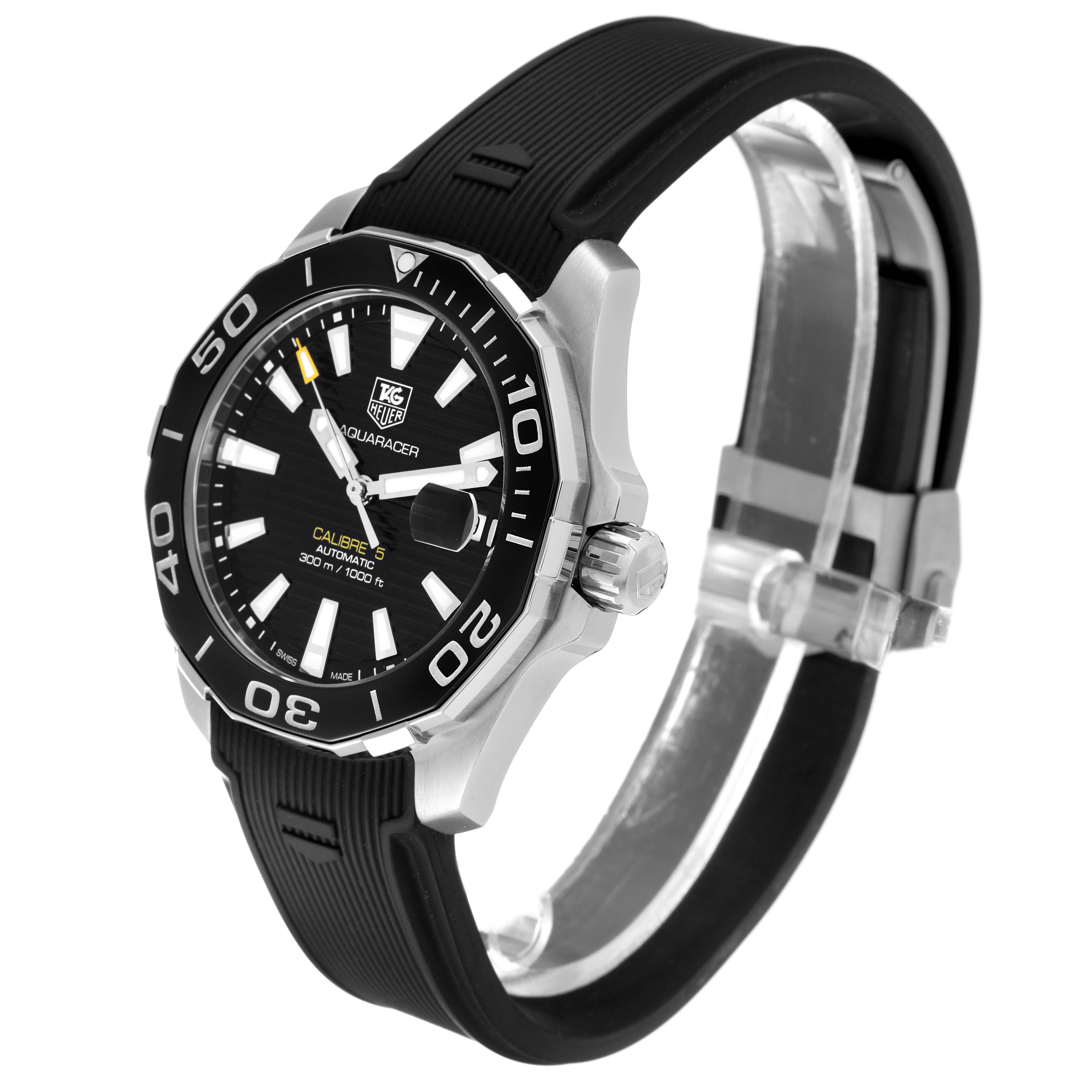 The image shows a Tag Heuer Aquaracer WAY211A Men's Stainless Steel Black Dial WAY211A Men's Stainless Steel Black Dial watch at a three-quarter angle, highlighting its dial, bezel, and black strap.