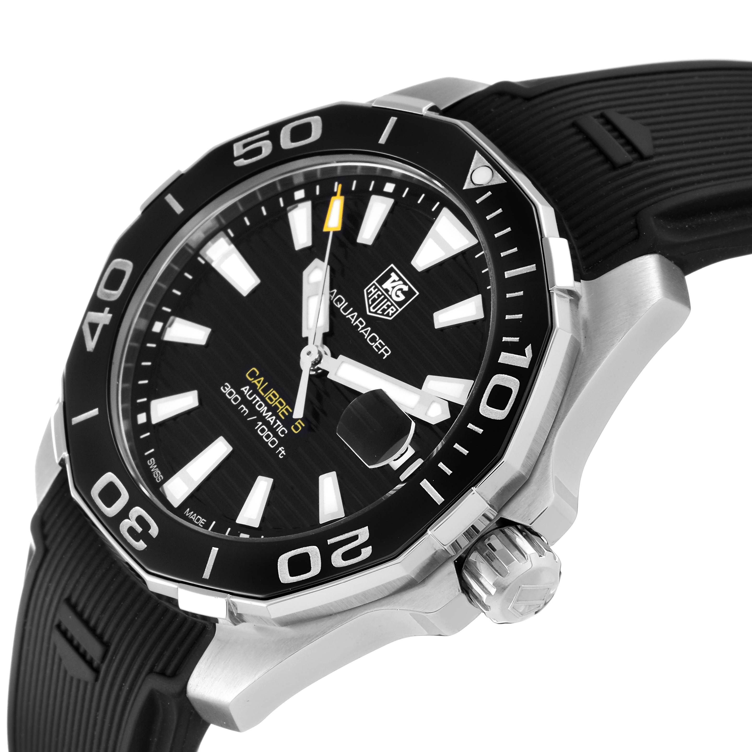 The image shows a close-up, angled view of a Tag Heuer Aquaracer WAY211A Men's Stainless Steel Black Dial WAY211A Men's Stainless Steel Black Dial watch face, bezel, and crown.