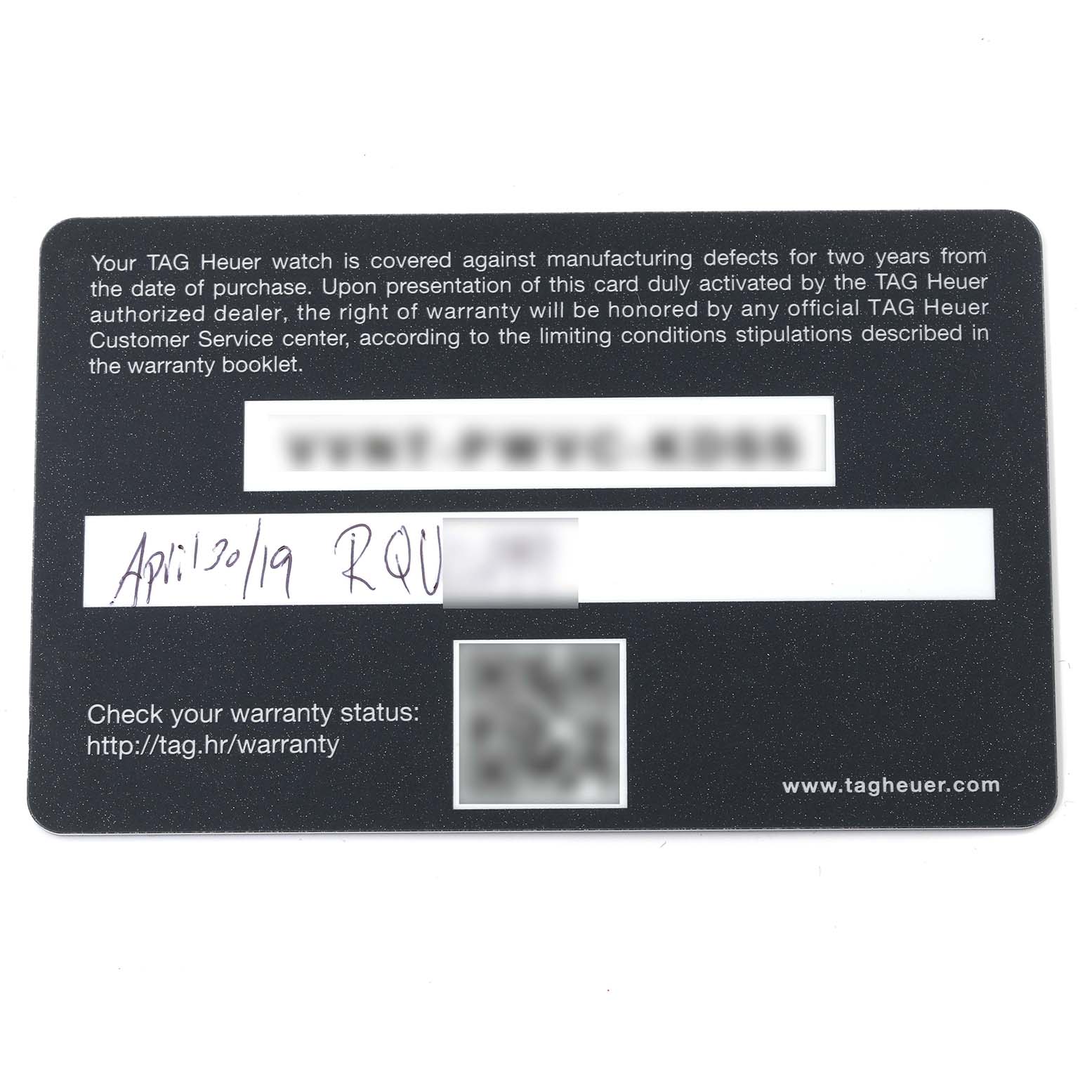 This image shows a warranty card for the Tag Heuer Aquaracer WAY211A Men's Stainless Steel Black Dial WAY211A Men's Stainless Steel Black Dial watch, with handwritten details and a QR code.