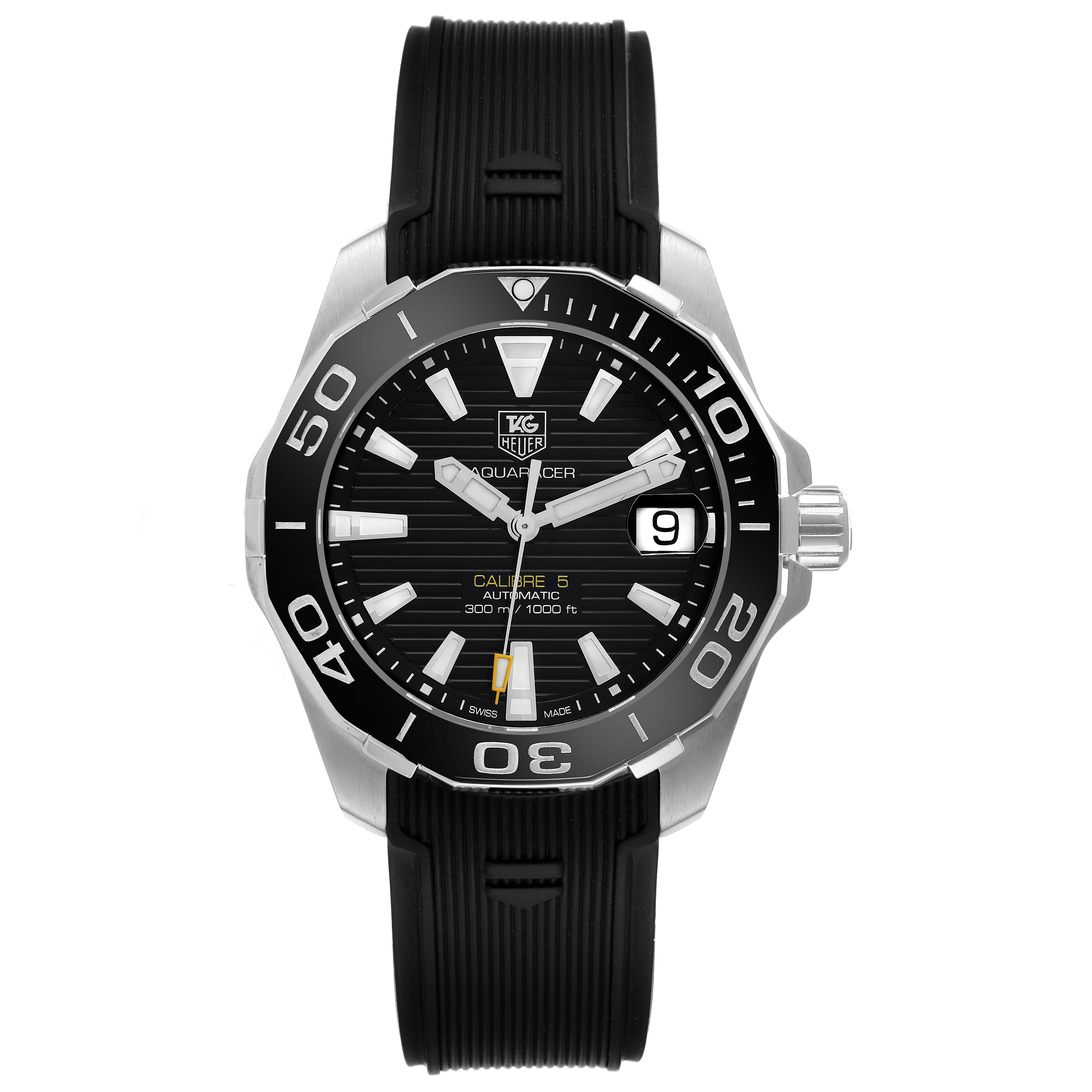 The image shows a front view of the Tag Heuer Aquaracer WAY211A Men's Stainless Steel Black Dial WAY211A Men's Stainless Steel Black Dial watch, highlighting its black dial, bezel, and rubber strap.