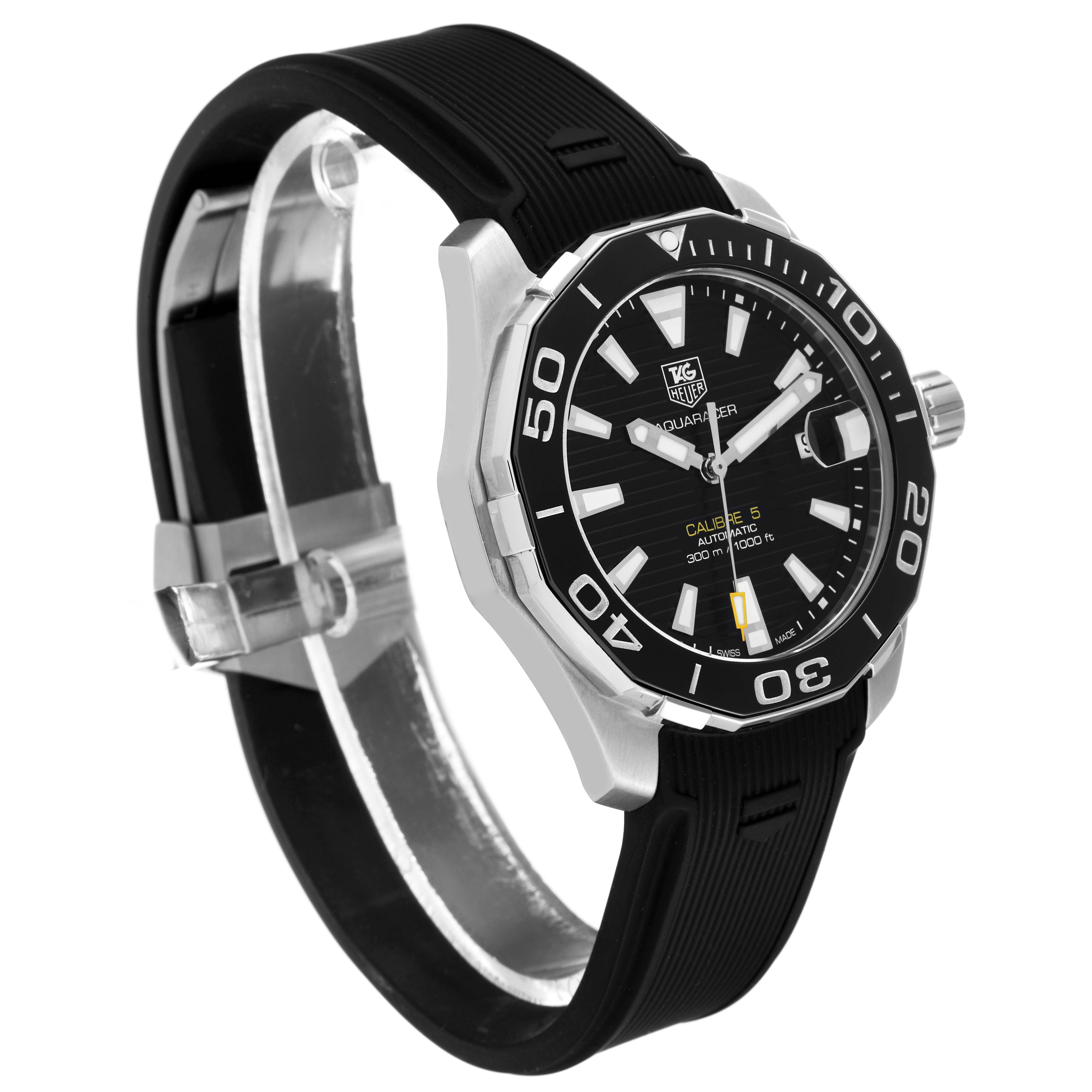 The image shows a Tag Heuer Aquaracer WAY211A Men's Stainless Steel Black Dial WAY211A Men's Stainless Steel Black Dial watch at a three-quarter angle displaying its face, bezel, and rubber strap.