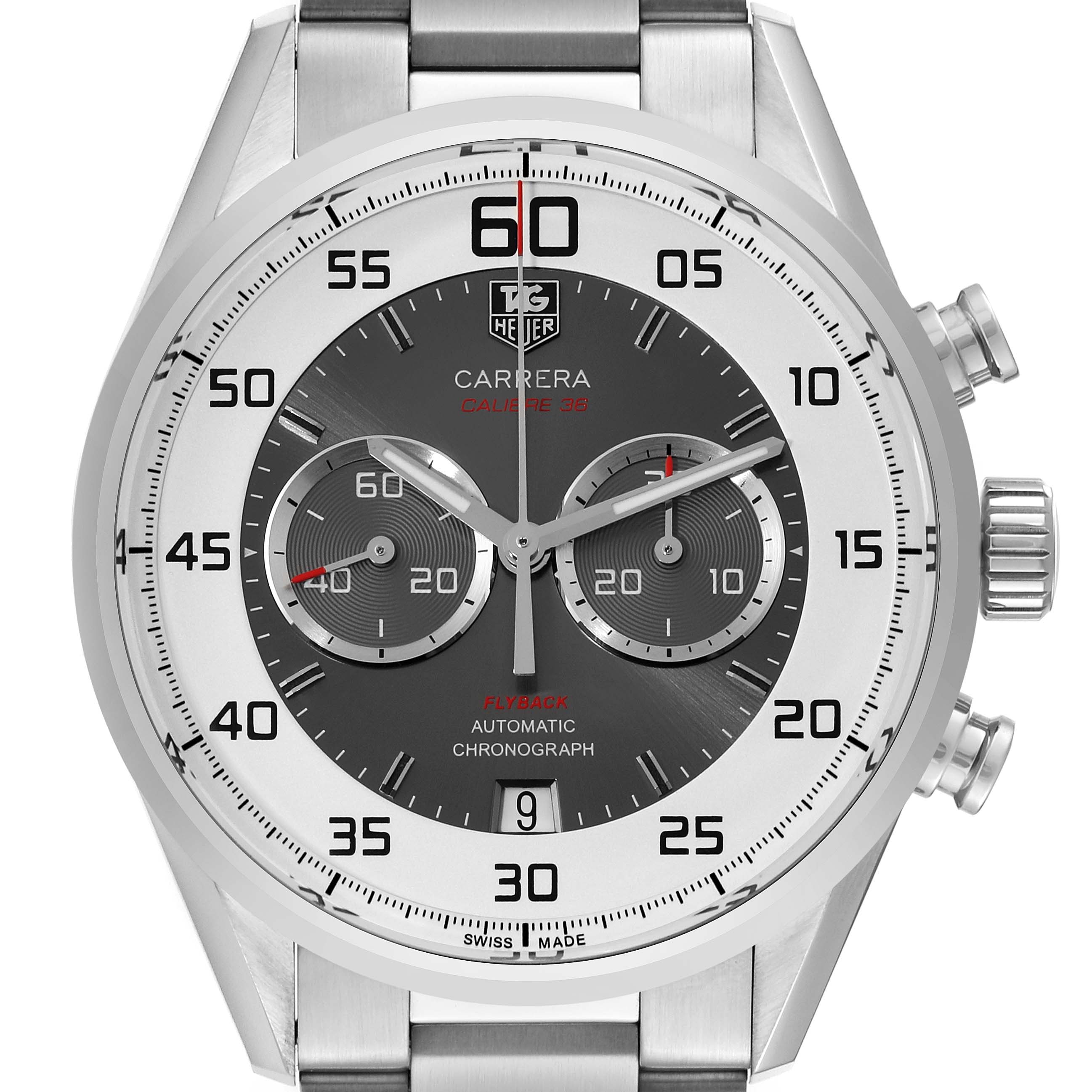 The image shows a front view of a Tag Heuer Carrera CAR2B11.BA0799 Men's Stainless Steel Grey Dial CAR2B11.BA0799 Men's Stainless Steel Grey Dial watch, displaying its dial with chronograph subdials and stainless steel case and bracelet.