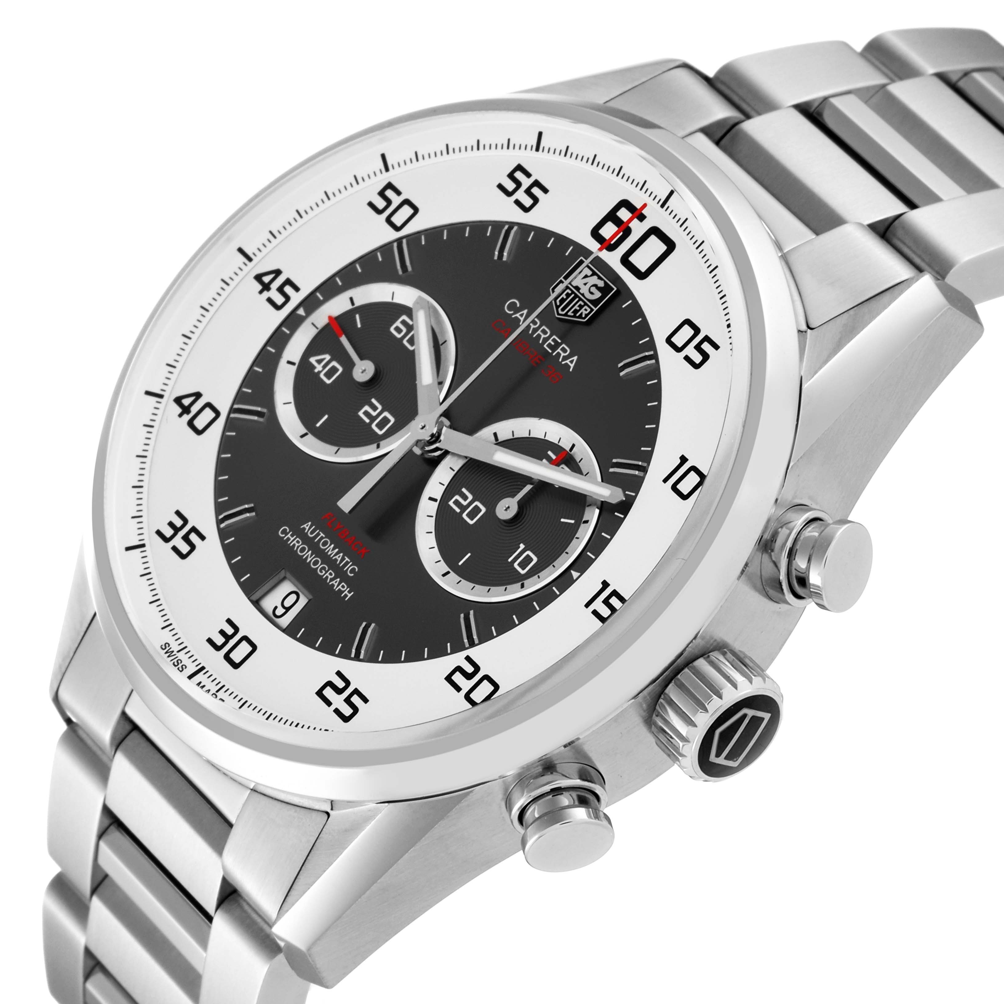 The Tag Heuer Carrera CAR2B11.BA0799 Men's Stainless Steel Grey Dial CAR2B11.BA0799 Men's Stainless Steel Grey Dial model watch is shown from an angled side view, displaying its face, dial, and stainless steel band.