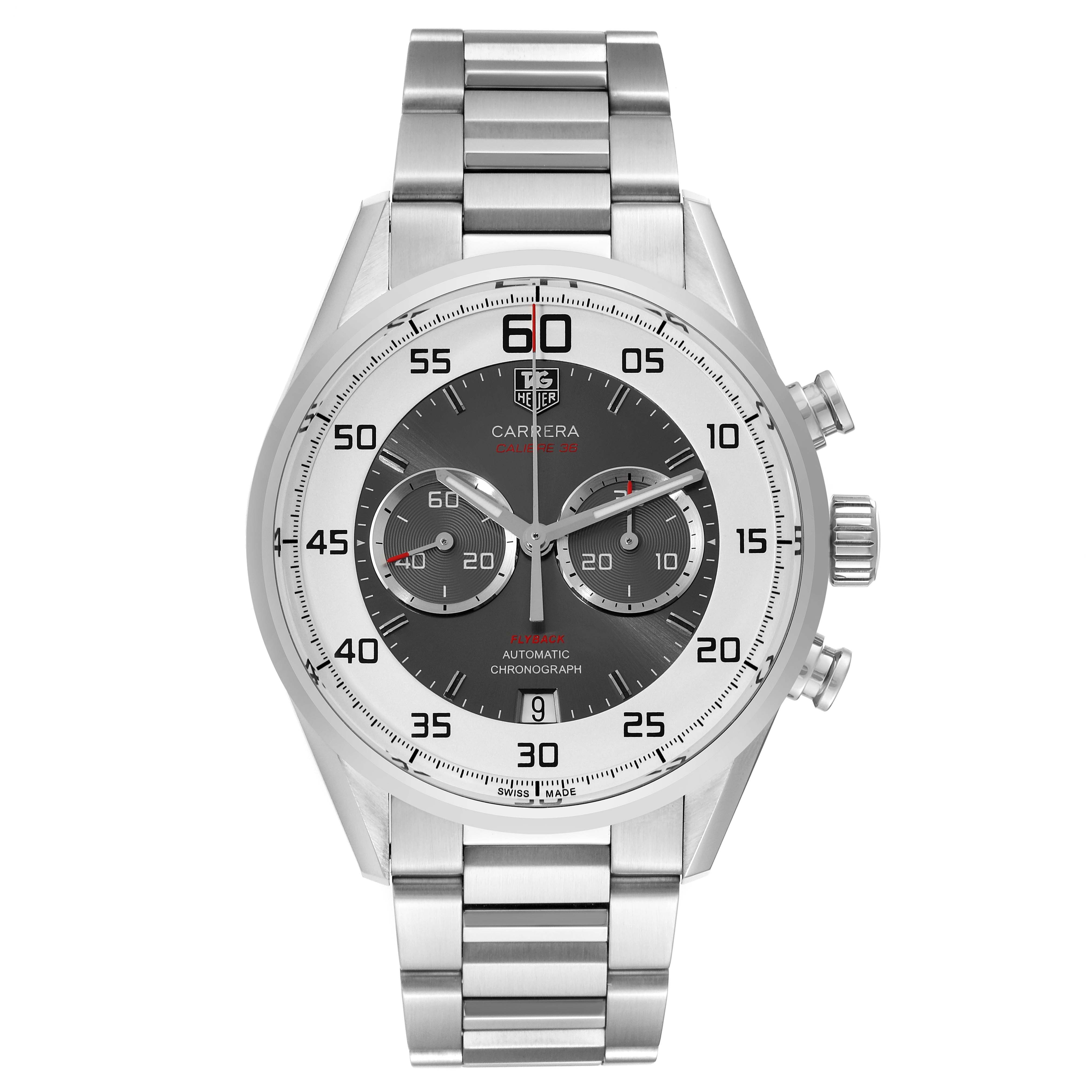 This image shows a front view of a Tag Heuer Carrera CAR2B11.BA0799 Men's Stainless Steel Grey Dial CAR2B11.BA0799 Men's Stainless Steel Grey Dial model watch, displaying the dial, hands, chronograph sub-dials, and metal bracelet.