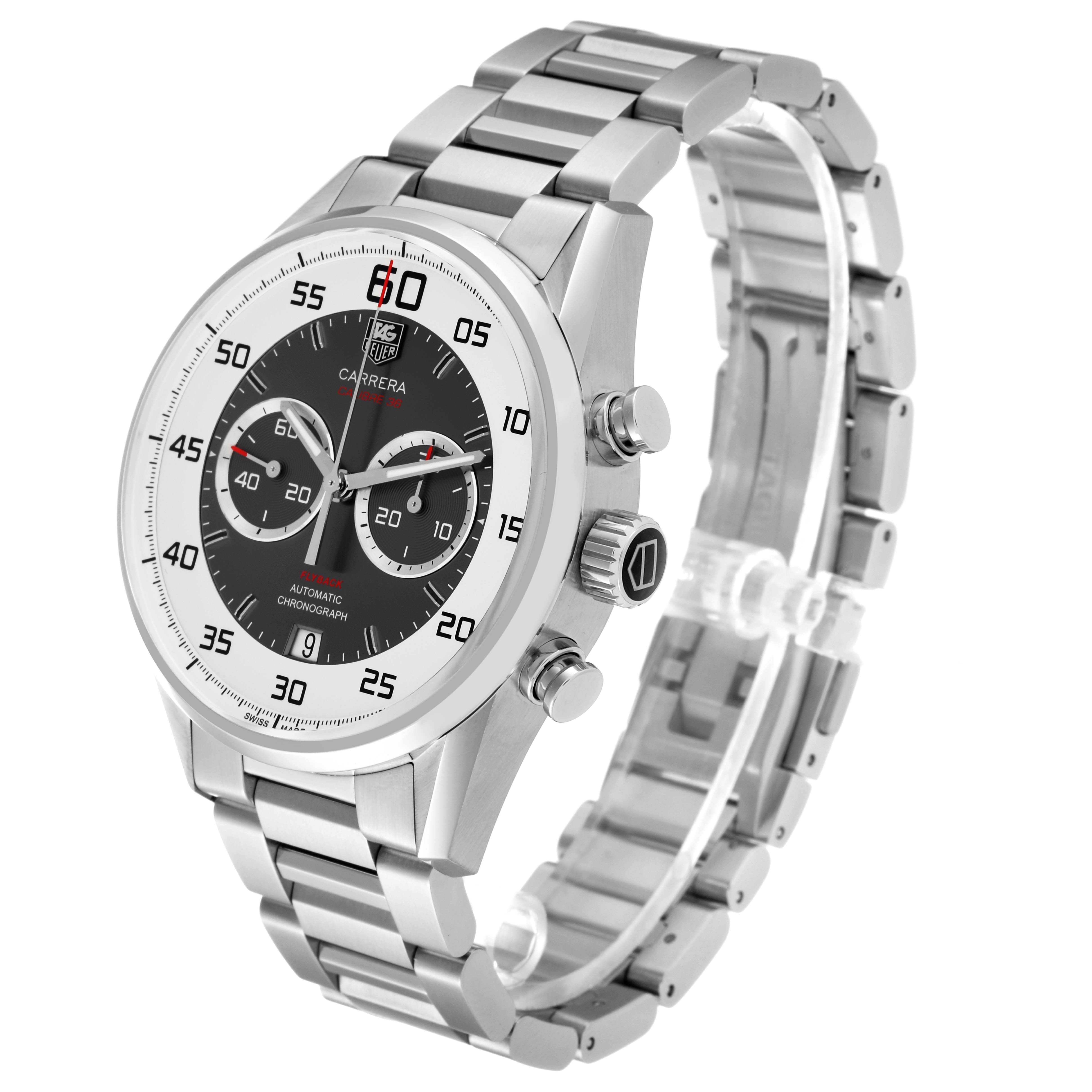 The image shows a side angle of the Tag Heuer Carrera CAR2B11.BA0799 Men's Stainless Steel Grey Dial CAR2B11.BA0799 Men's Stainless Steel Grey Dial watch, highlighting its face, bezel, crown, pushers, and metal strap.