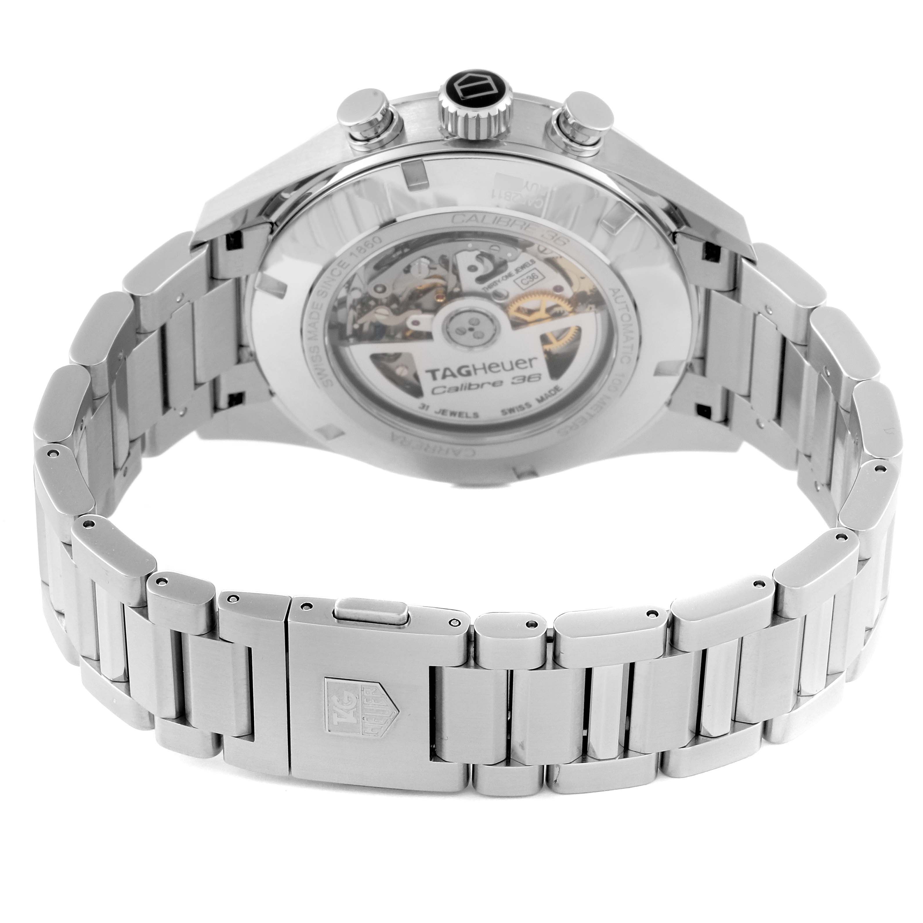 The image shows the back and bracelet of a Tag Heuer Carrera CAR2B11.BA0799 Men's Stainless Steel Grey Dial CAR2B11.BA0799 Men's Stainless Steel Grey Dial watch with a visible see-through case back and clasp.