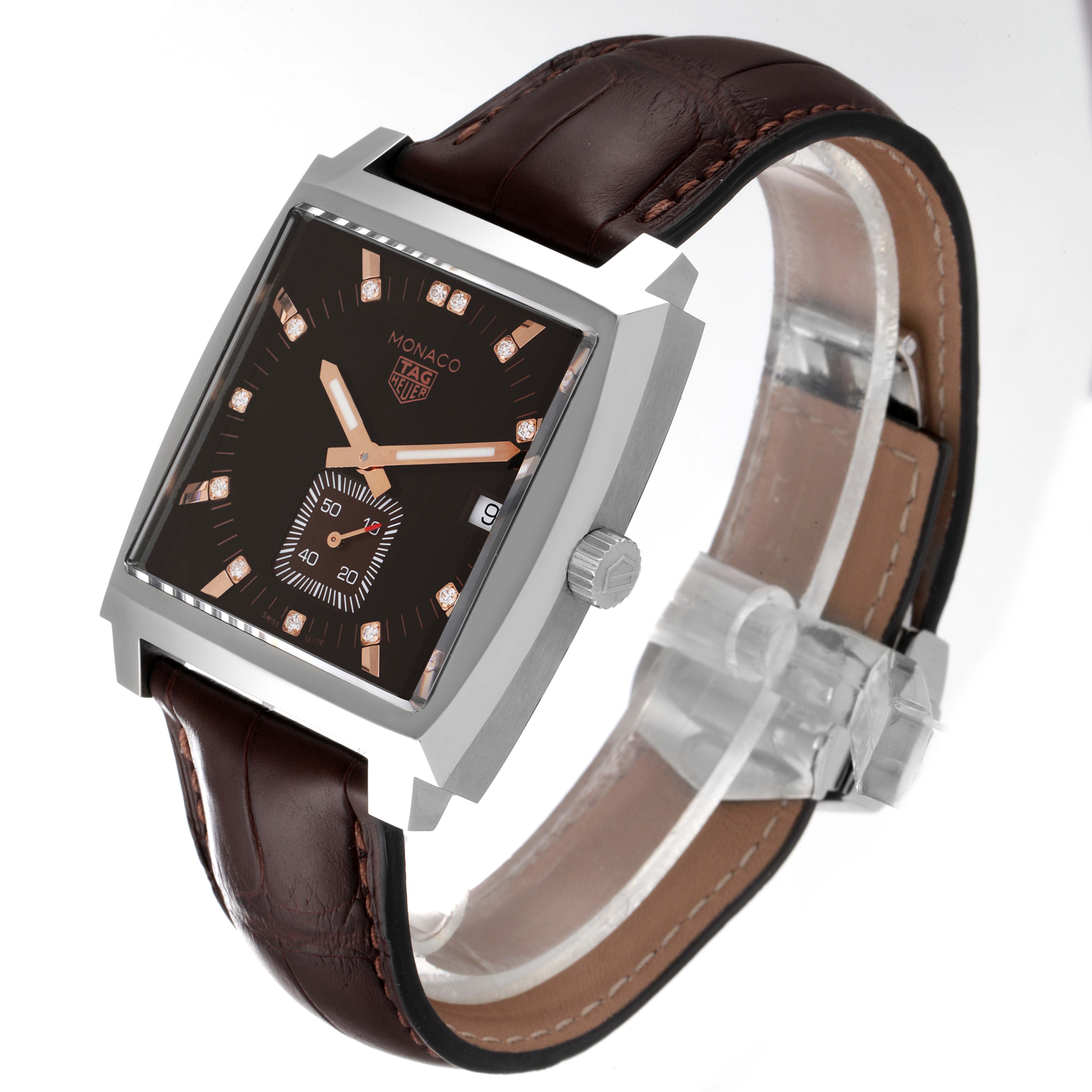 The image shows a three-quarter angled view of a Tag Heuer Monaco WAW131E.FC6420 Men's Stainless Steel Brown Dial WAW131E.FC6420 Men's Stainless Steel Brown Dial watch, featuring its face, case, and leather strap.