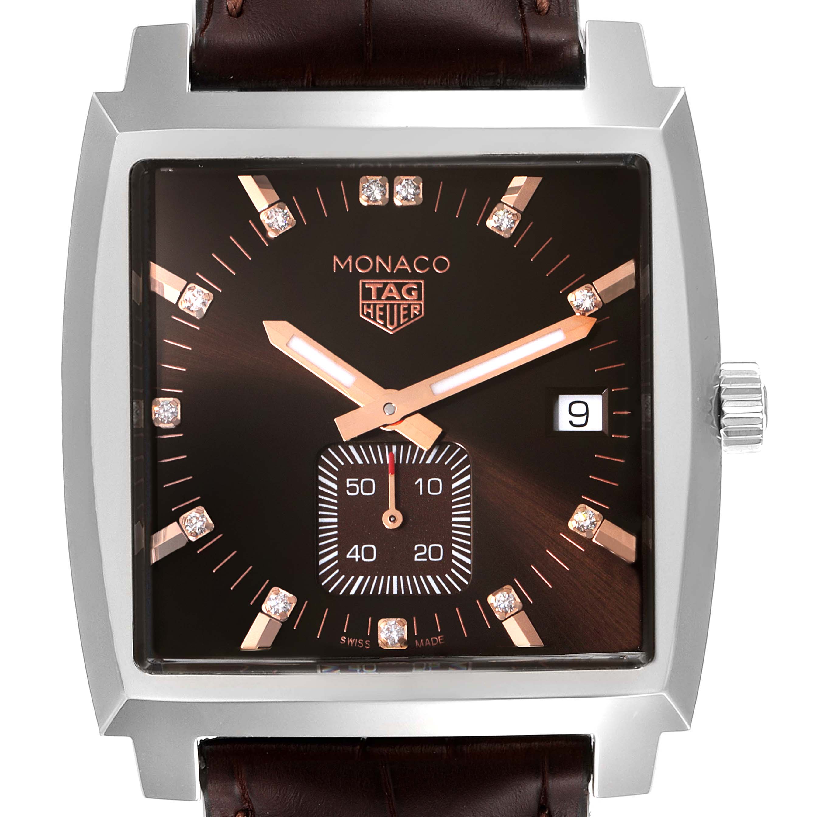 The image shows a frontal view of the Tag Heuer Monaco WAW131E.FC6420 Men's Stainless Steel Brown Dial WAW131E.FC6420 Men's Stainless Steel Brown Dial watch, featuring the dial, hands, date window, and crown.