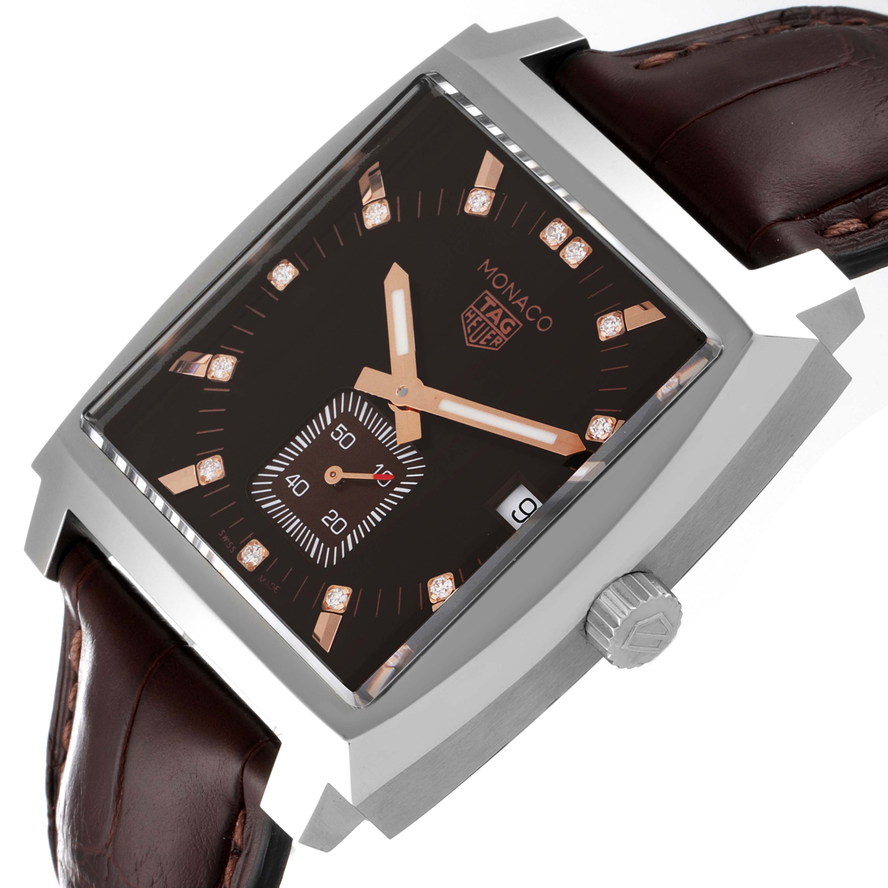 The image shows a Tag Heuer Monaco WAW131E.FC6420 Men's Stainless Steel Brown Dial WAW131E.FC6420 Men's Stainless Steel Brown Dial watch at an angle highlighting its face, crown, and leather strap.