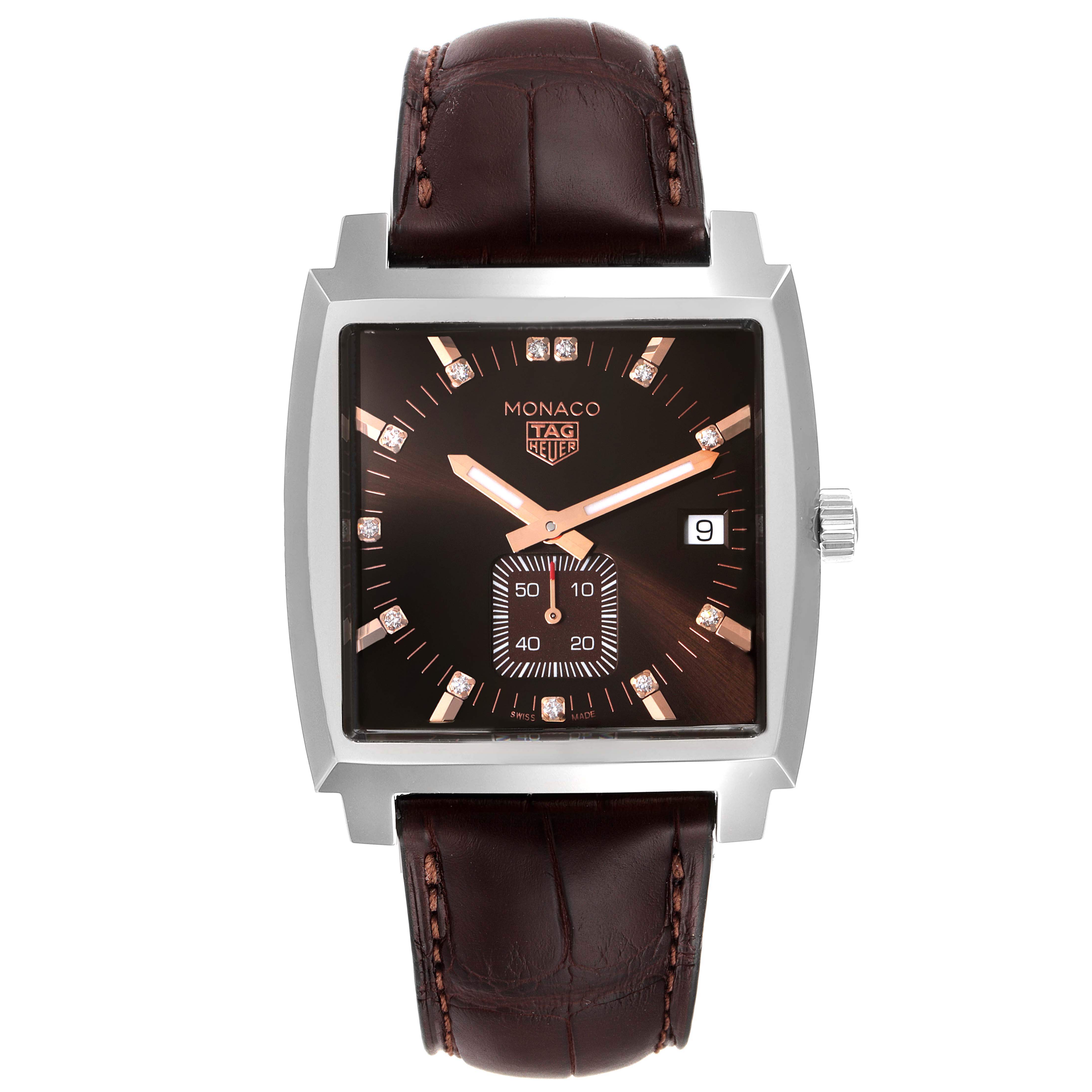 This image shows a front view of the Tag Heuer Monaco WAW131E.FC6420 Men's Stainless Steel Brown Dial WAW131E.FC6420 Men's Stainless Steel Brown Dial watch featuring a brown leather strap and square dial with a date display.