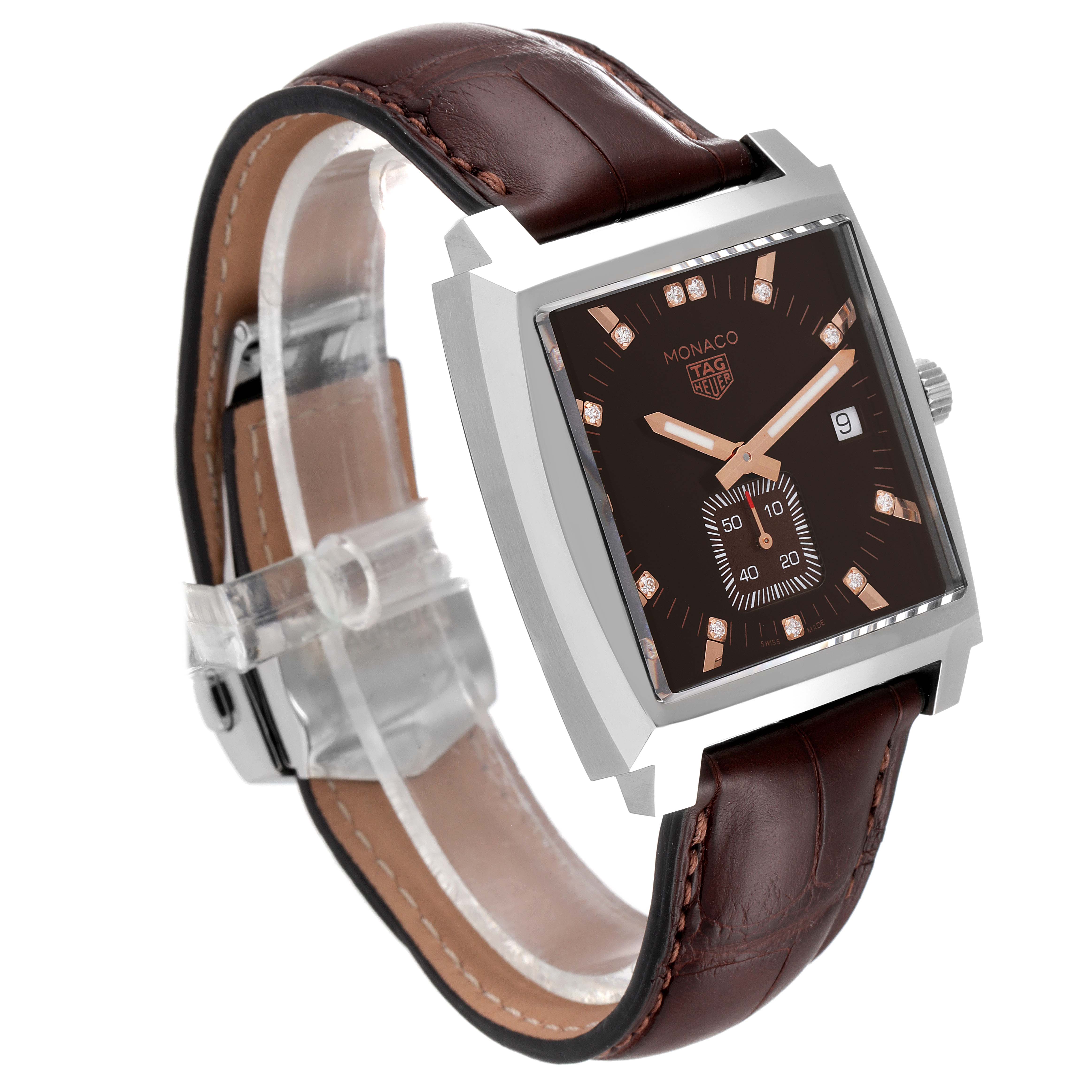 The Tag Heuer Monaco WAW131E.FC6420 Men's Stainless Steel Brown Dial WAW131E.FC6420 Men's Stainless Steel Brown Dial watch is displayed at a three-quarter angle, showing the dial, case, and leather strap.