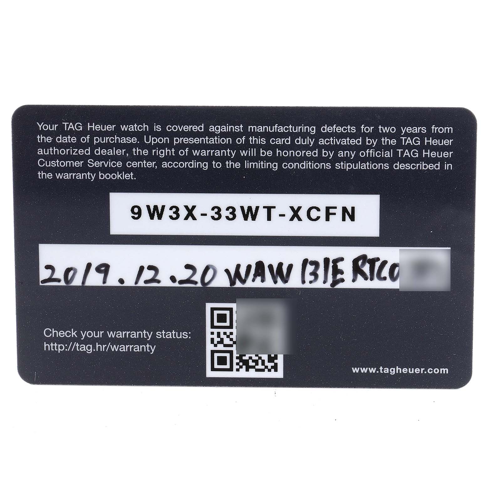 This image shows the warranty card for a Tag Heuer Monaco WAW131E.FC6420 Men's Stainless Steel Brown Dial WAW131E.FC6420 Men's Stainless Steel Brown Dial model watch.