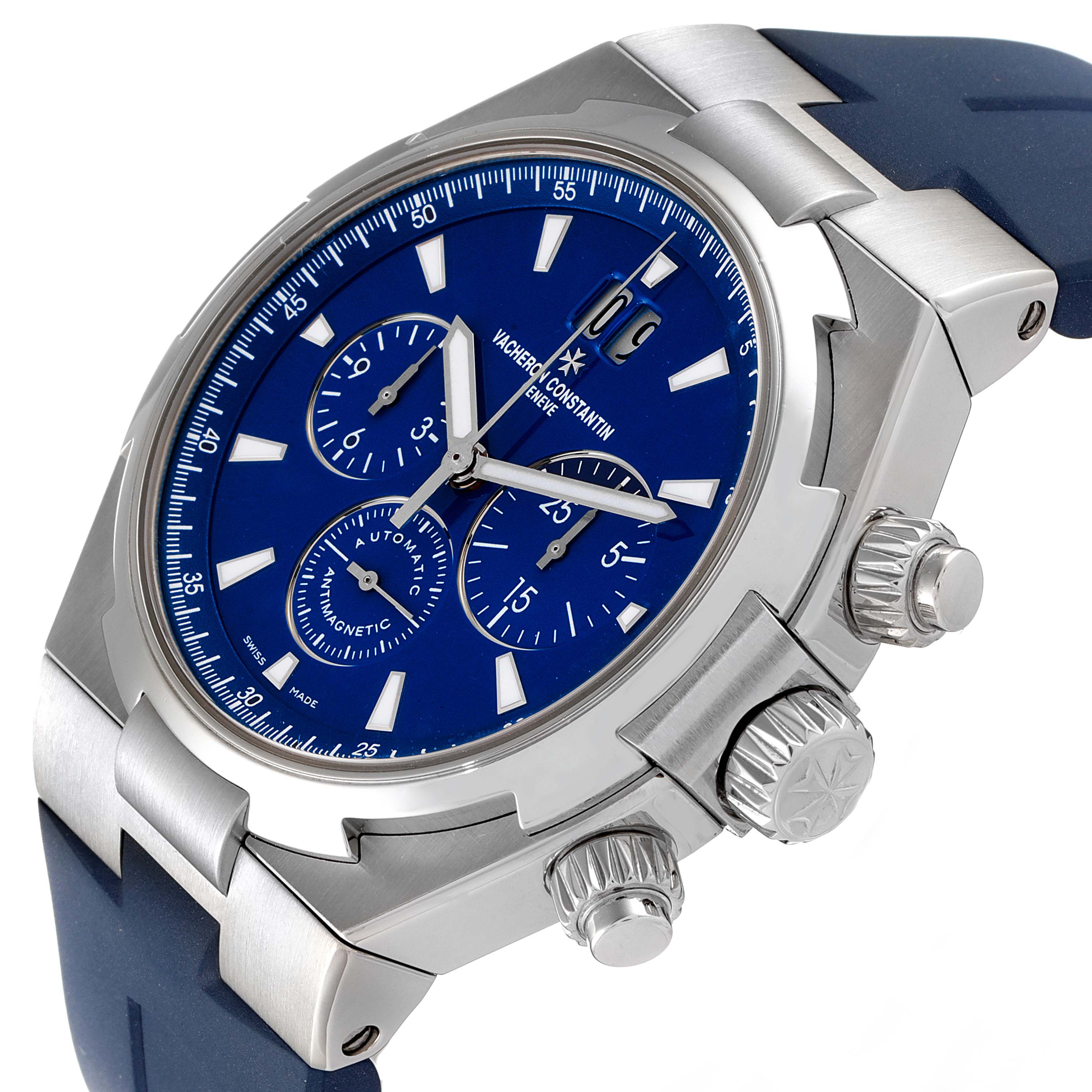 The Vacheron Constantin Overseas 49150/000A-9745 Men's Stainless Steel Blue Dial 49150/000A-9745 Men's Stainless Steel Blue Dial watch is shown from a three-quarter angle, showcasing its blue dial, stainless steel case, and crown.