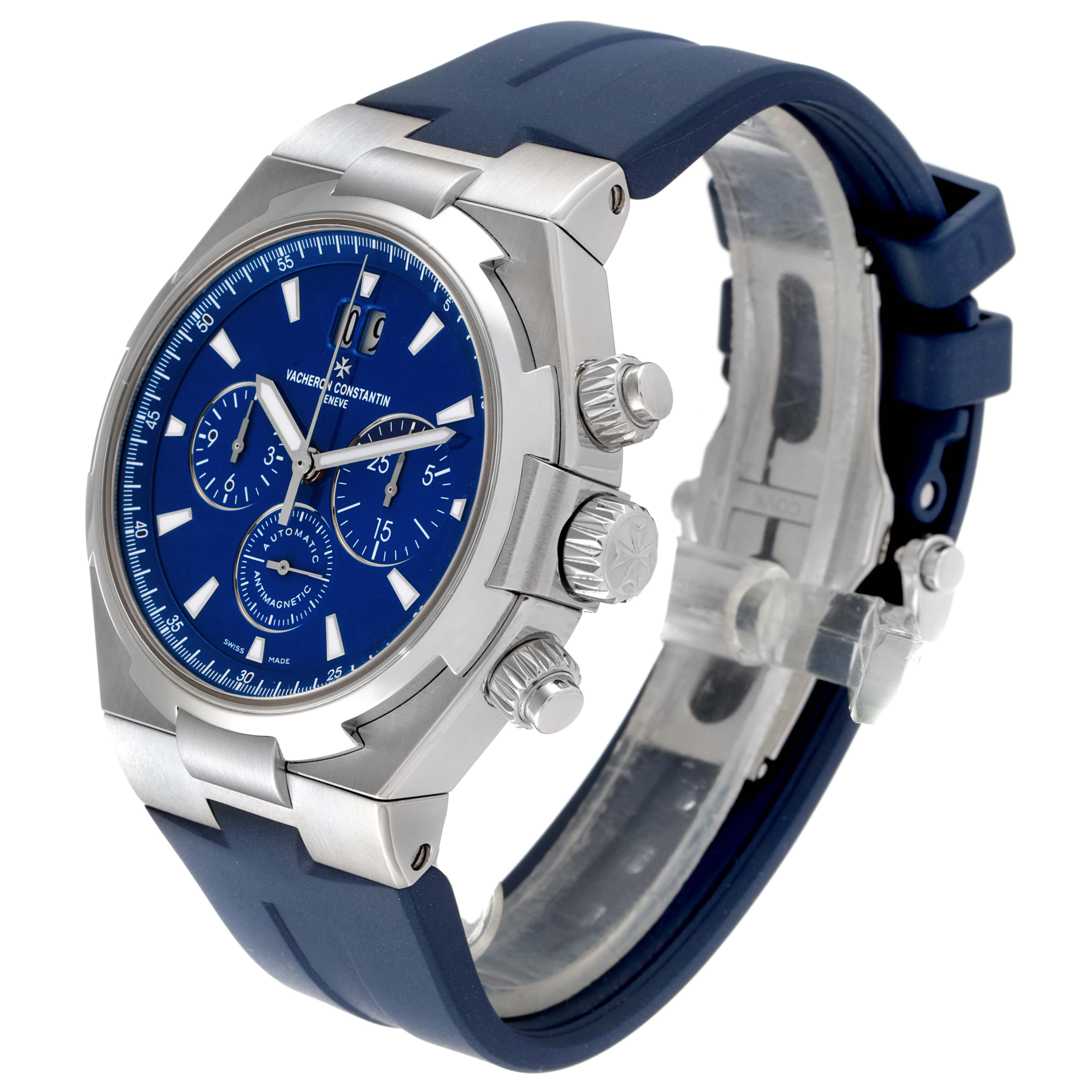 The Vacheron Constantin Overseas 49150/000A-9745 Men's Stainless Steel Blue Dial 49150/000A-9745 Men's Stainless Steel Blue Dial watch is shown at a front-side angle, highlighting its blue dial, chronograph subdials, and blue strap.