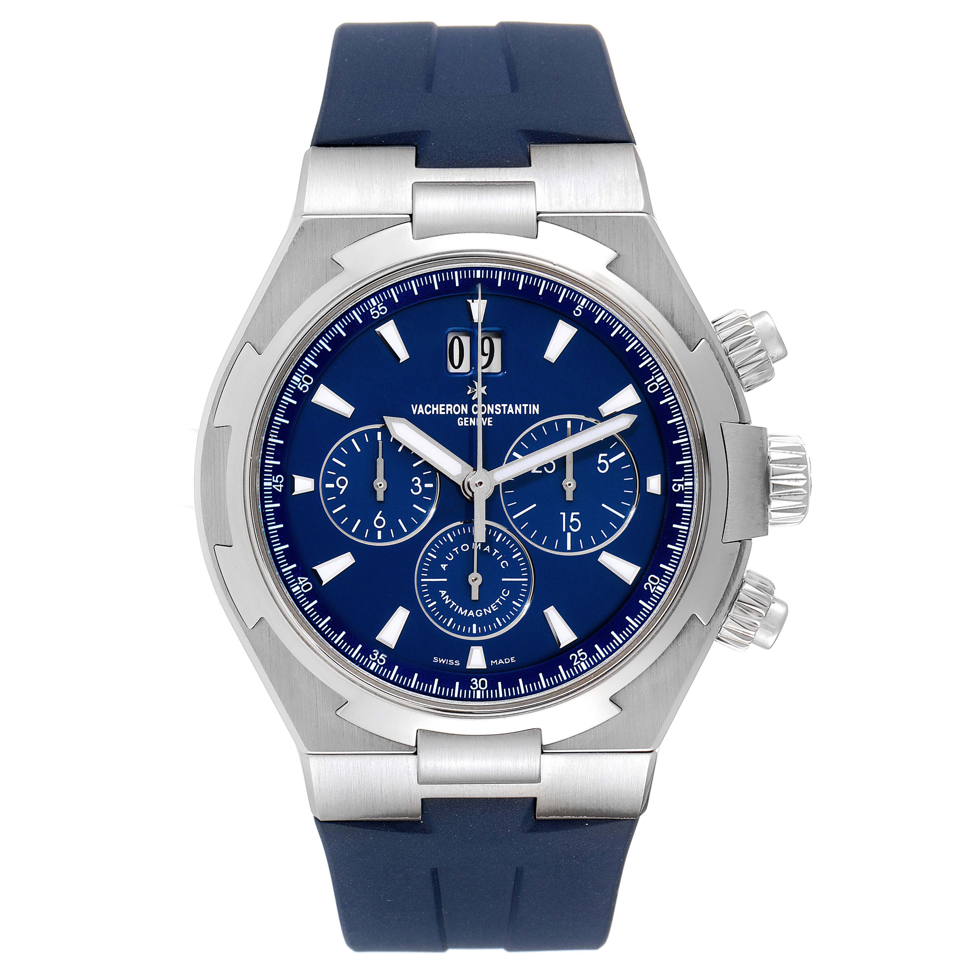 The image shows a front view of a Vacheron Constantin Overseas 49150/000A-9745 Men's Stainless Steel Blue Dial 49150/000A-9745 Men's Stainless Steel Blue Dial model watch with a blue dial and a blue rubber strap.