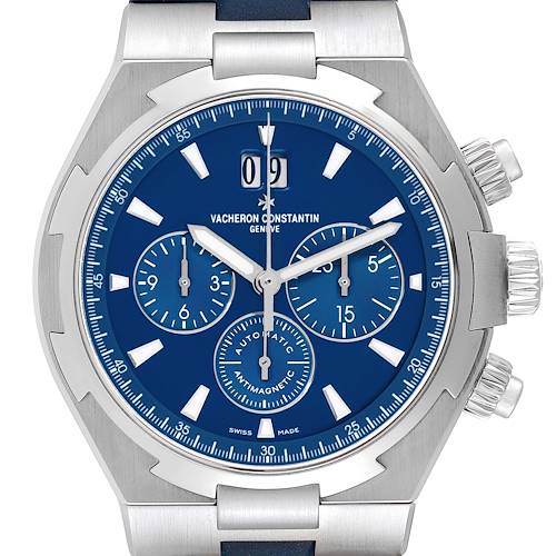 The image shows a frontal view of the Vacheron Constantin Overseas 49150/000A-9745 Men's Stainless Steel Blue Dial watch, highlighting the dial, subdials, and crown.