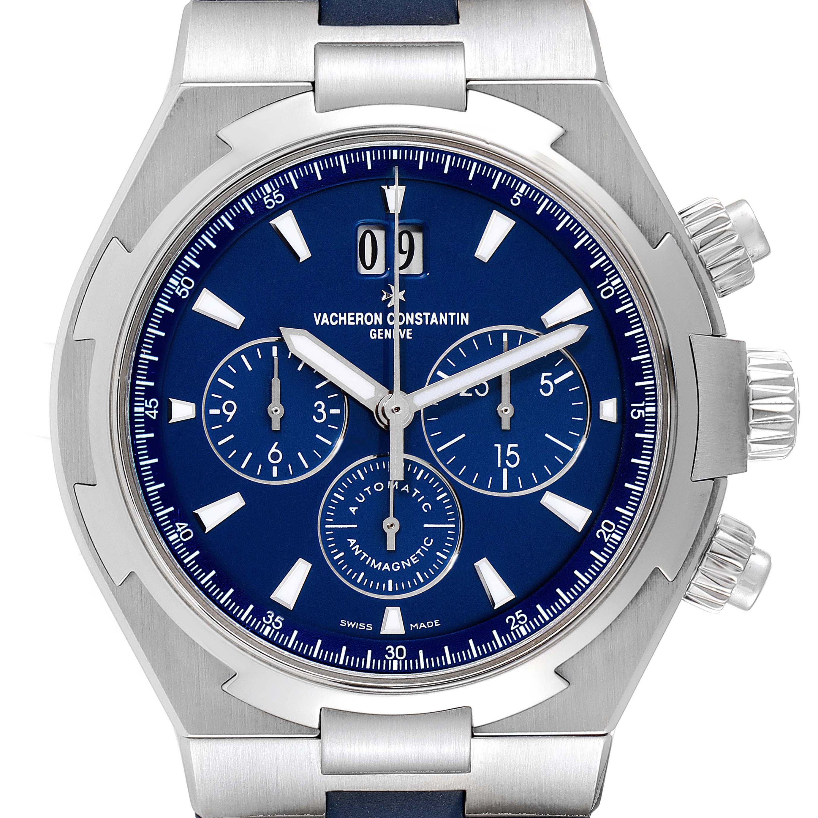This image shows a close-up of the Vacheron Constantin Overseas 49150/000A-9745 Men's Stainless Steel Blue Dial 49150/000A-9745 Men's Stainless Steel Blue Dial model watch with a blue dial and chronograph function.