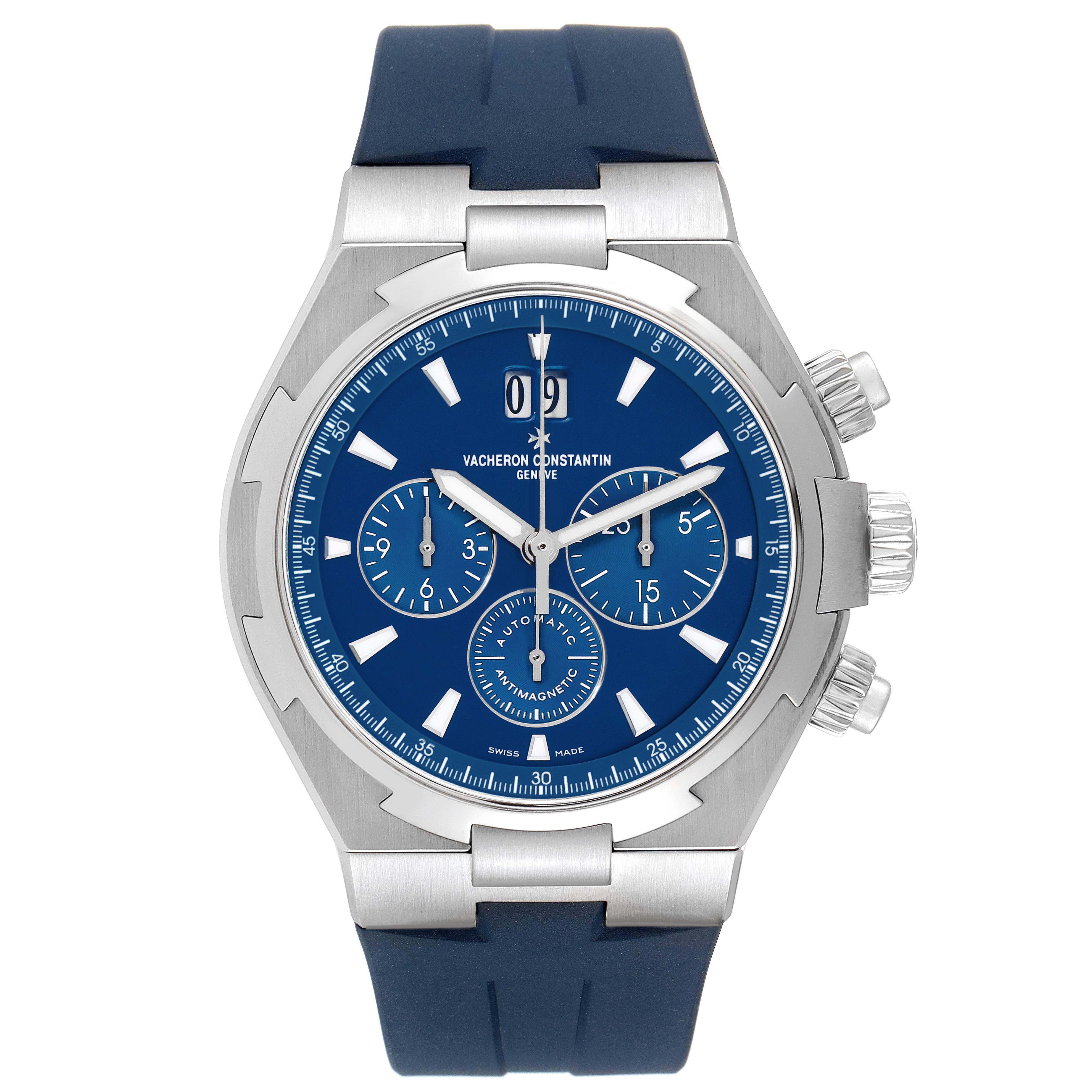 The Vacheron Constantin Overseas 49150/000A-9745 Men's Stainless Steel Blue Dial watch is shown from the front, highlighting the blue dial, subdials, and rubber strap.