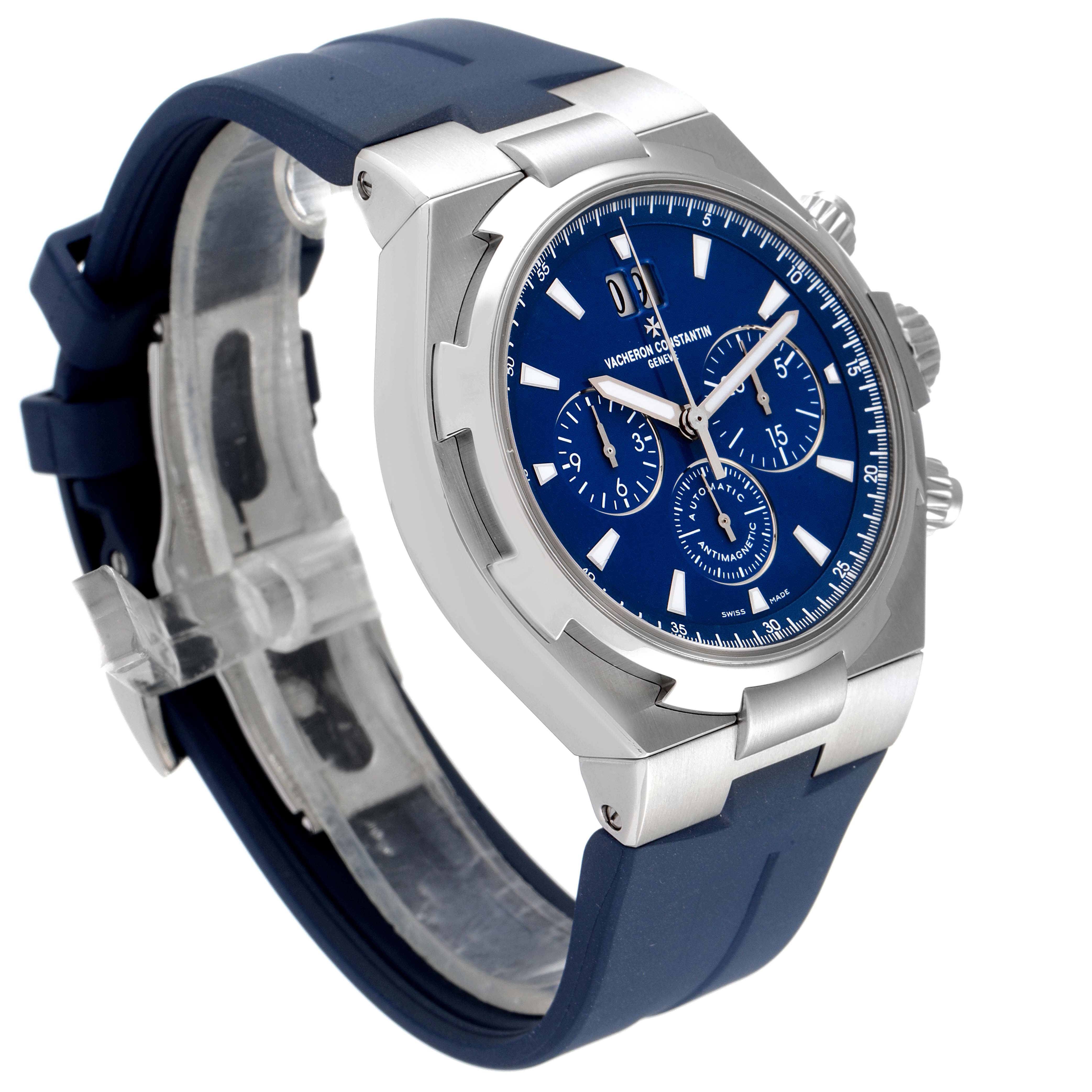 The Vacheron Constantin Overseas 49150/000A-9745 Men's Stainless Steel Blue Dial 49150/000A-9745 Men's Stainless Steel Blue Dial watch is shown at a three-quarter angle, displaying the blue dial, bezel, crown, and blue strap.