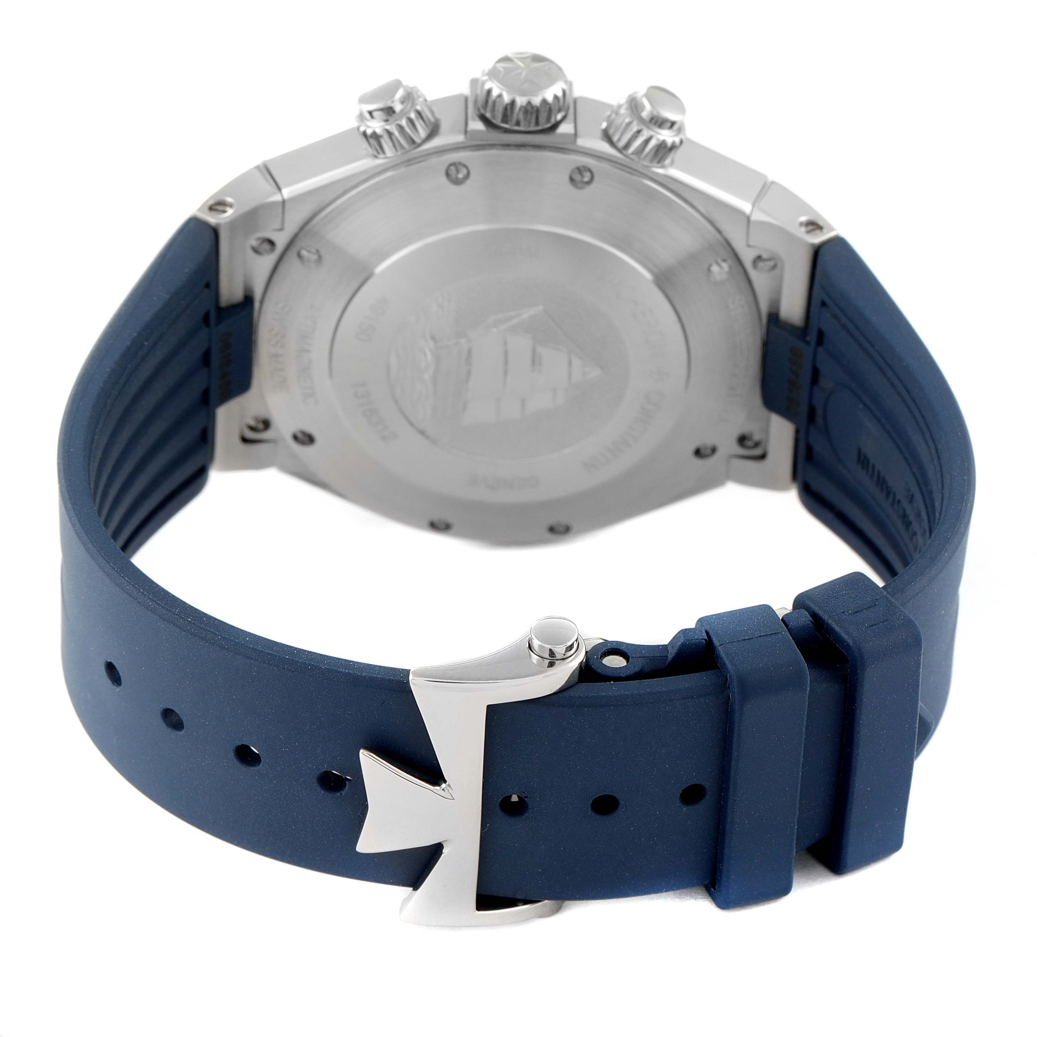 The image shows the rear and buckle of a Vacheron Constantin Overseas 49150/000A-9745 Men's Stainless Steel Blue Dial 49150/000A-9745 Men's Stainless Steel Blue Dial watch with a blue strap.