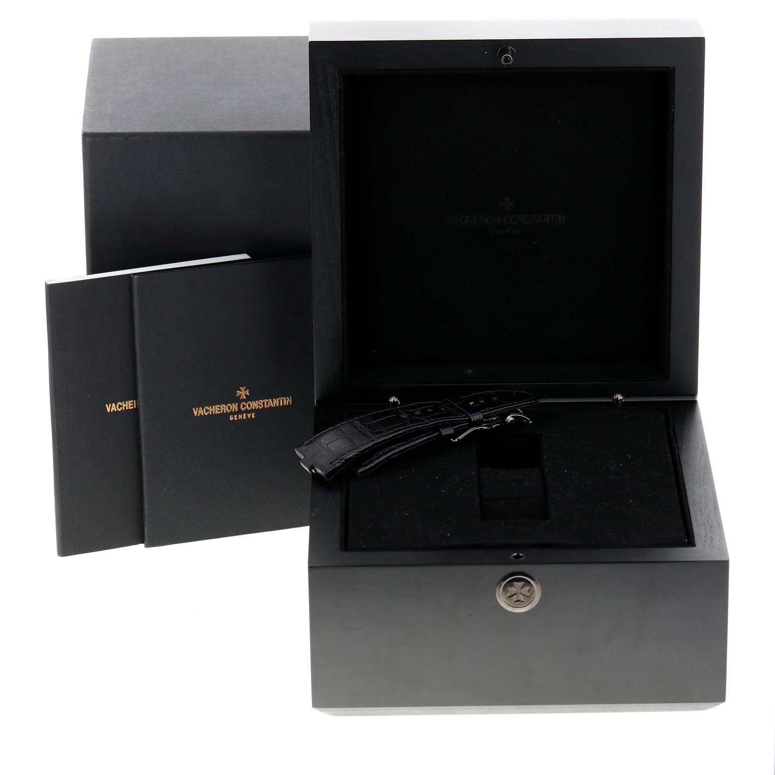 The image shows a Vacheron Constantin Overseas 7900V/110A-B546 Men's Stainless Steel Black Dial 7900V/110A-B546 Men's Stainless Steel Black Dial model watch box with accessories, including documentation and an additional strap.